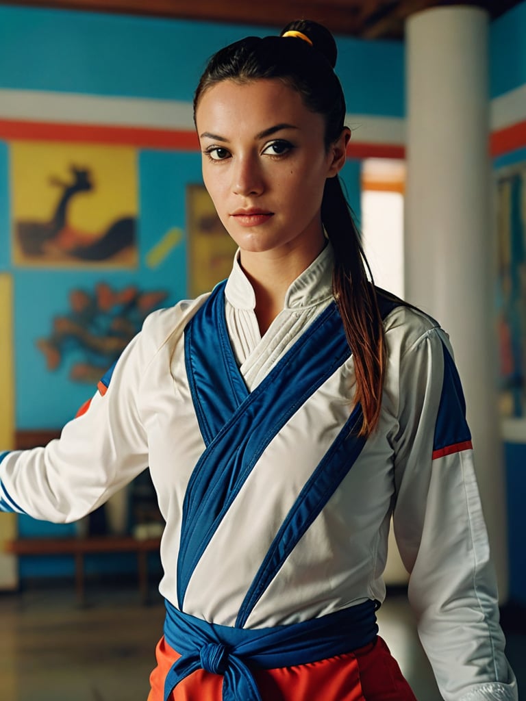 Extremely Realistic Inprdm wearing a vlzblnc kung fu outfit, photo of a female model in modern room, detailed face, surreal cinematic perspective, photo taken with analog film, hyperrealism photoshoot, Vélez Sarsfield uniform ,vlzblnc,Inprdm,