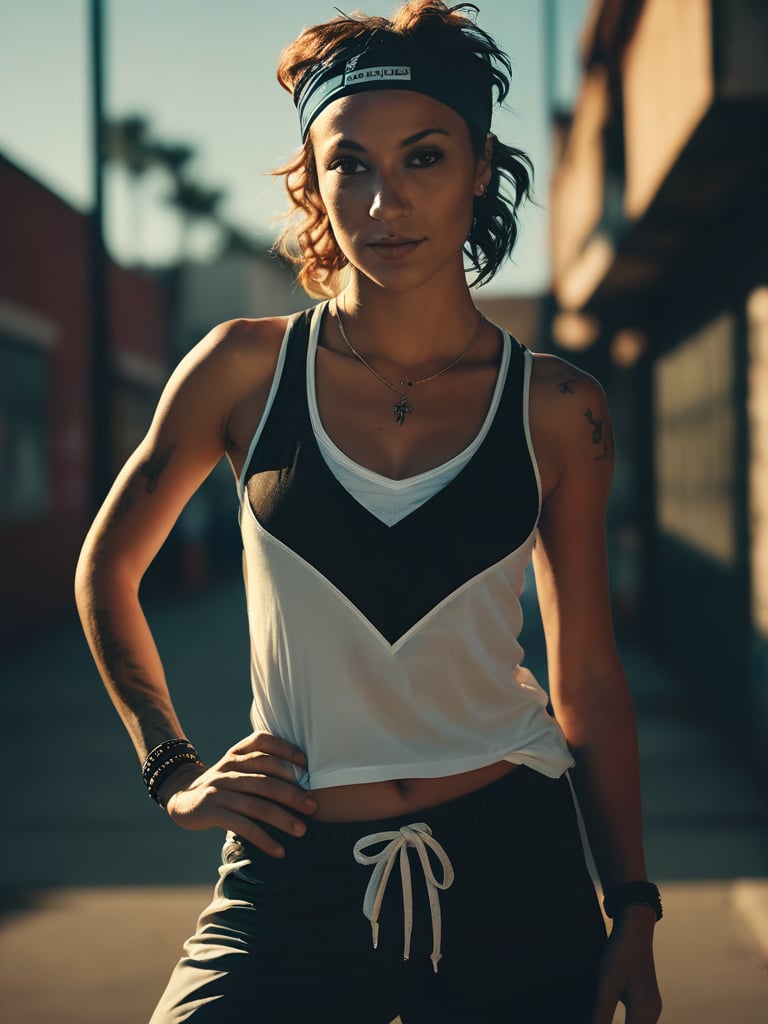 Close up, analog photo of a female Inprdm bboy, posing with a graceful stance. She is wearing a stylish velez sarsfield outfit that includes a vlzblnc tank top,  pants, and a headpiece. The background is a dimly lit urban environment, Hasselblad medium format camera, Helios 44-2 58mm F2 lens, realistic, textured skin, cinematic backlit lighting, dramatic effect, sharp focus on clothing, soft shadows on skin,vlzblnc