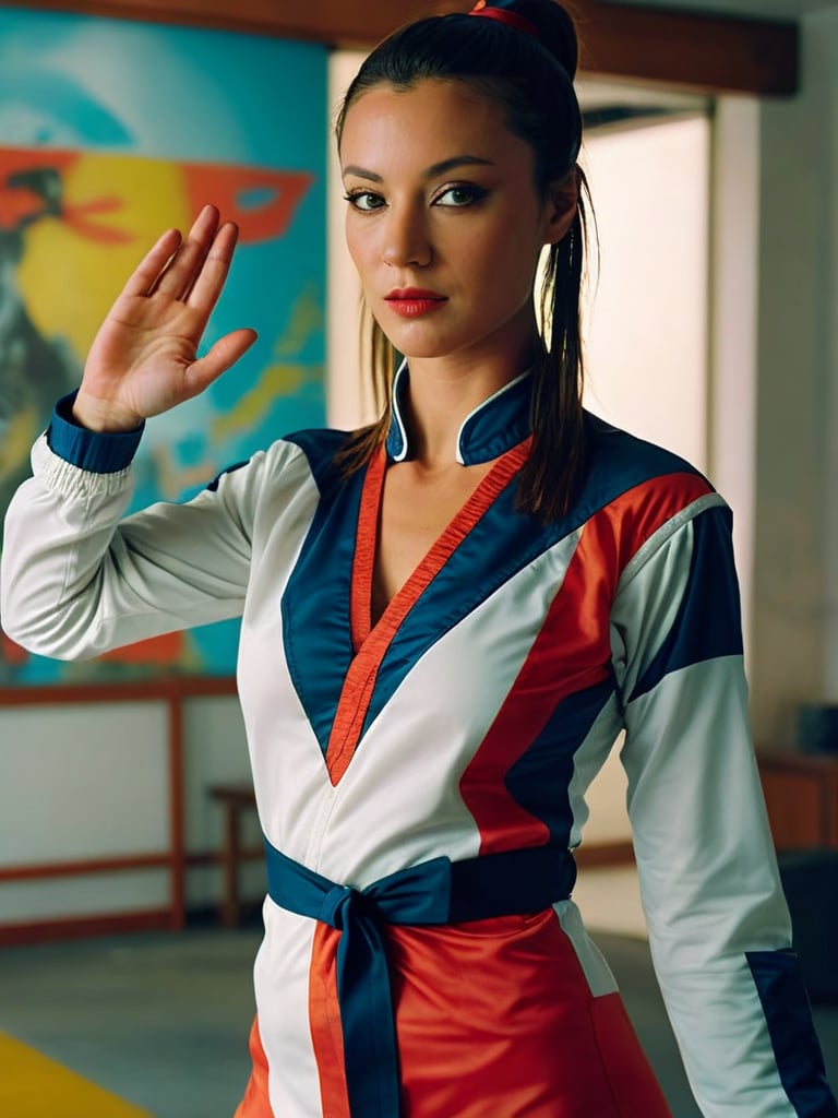 Extremely Realistic Inprdm wearing a vlzblnc kung fu outfit, photo of a female model in modern room, detailed face, surreal cinematic perspective, photo taken with analog film, hyperrealism photoshoot, Vélez Sarsfield uniform ,vlzblnc,Inprdm,