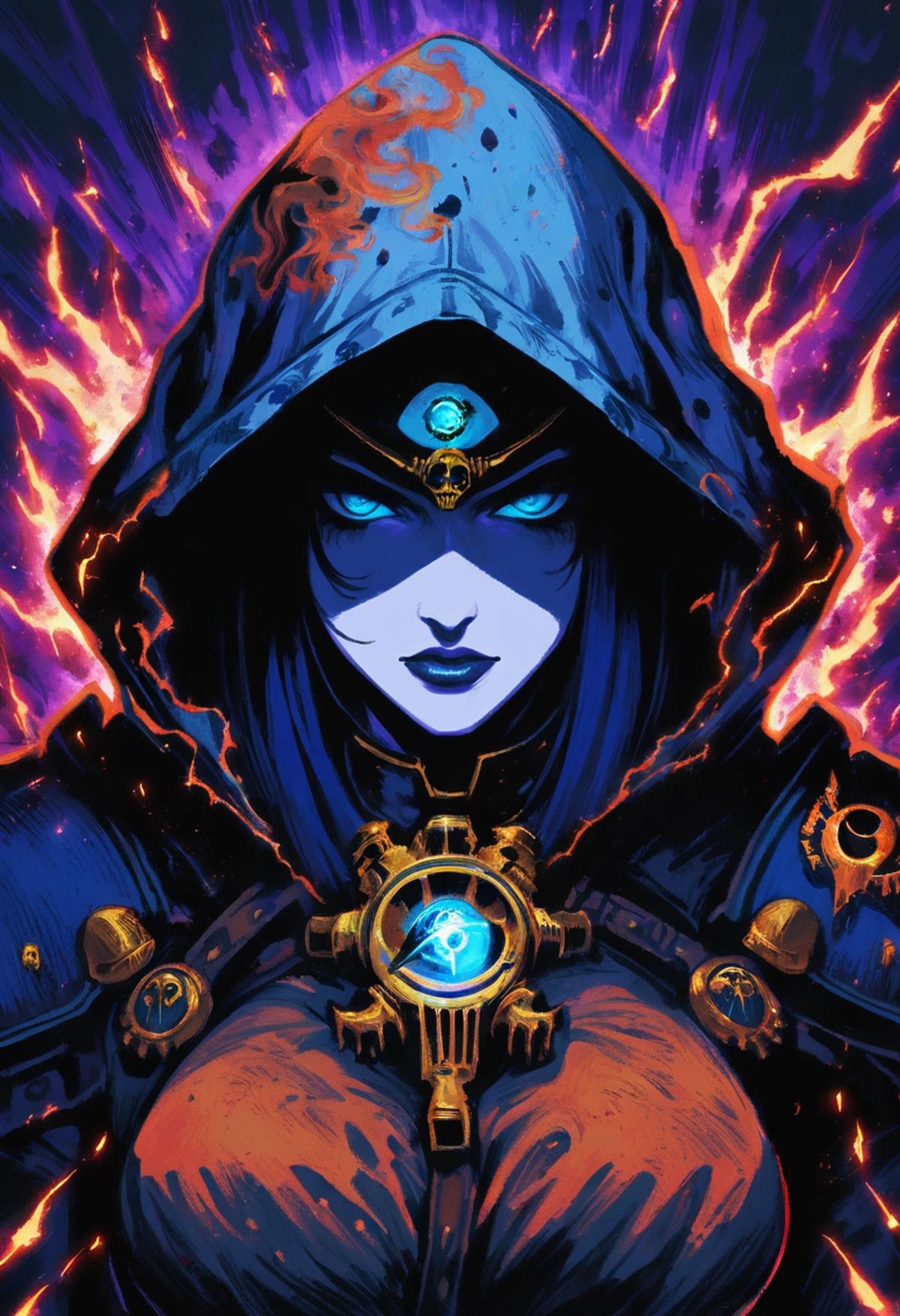 Anime Illustration, 1woman, Lady Navigator, Abhuman, Warhammer 40K, closeup, pale skin, shaded face, hood, blue eyes, glowing, third eye, projection, energy, two-tone composition, electrical sparks, warp \(warhammer\), surreal, [[abstract]], beautiful, extremely detailed, vibrant colors, grimdark, gritty, absurdres