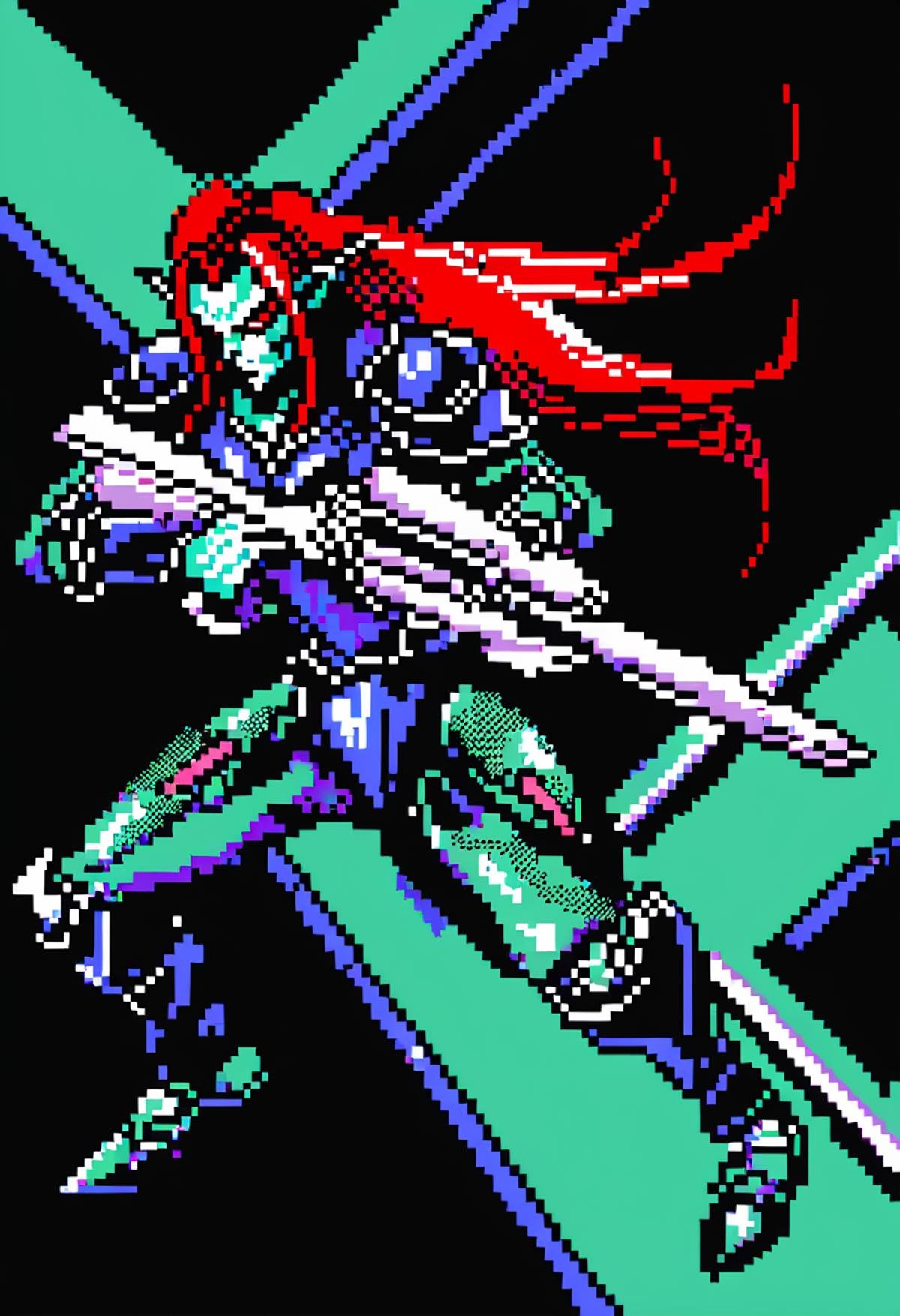 (Pixel Art), 1990s \(year\), 8-bit, (Dark Eldar Wych), bald with, long ponytail, red hair, pointy ears, Drukhari armor, splinter pistol, Xenos, action,solo,Warhammer 40K \(series\), gritty, SEGA Box cover artwork, 90s aesthetic, retro, dithering, limited color palette, 2D, retrofuturistic, nostalgic, pixelated, extremely detailed, emotional,by Calder Moore