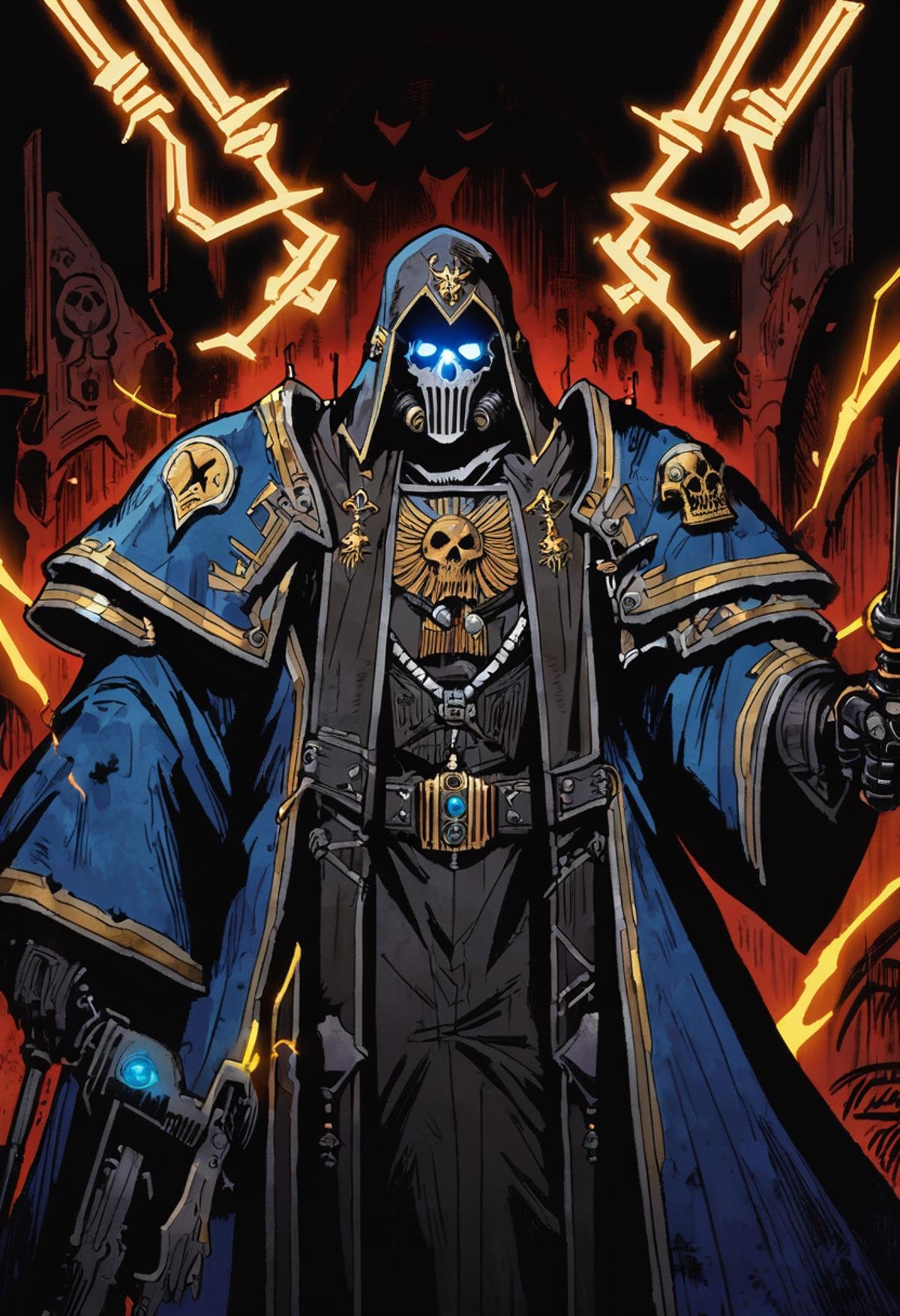 Anime Illustration, 1man, sanctioned Psyker, Warhammer 40k, standing, dark room, arcane symbols, ceremonial robes, magic, electric sparks, psychic energy, mechanical parts, holding a staff, blue eyes, glowing eyes, expressive, bold lines, cel shading, extremely detailed, cowboy shot, epic, grimdark, gothic style interior, 