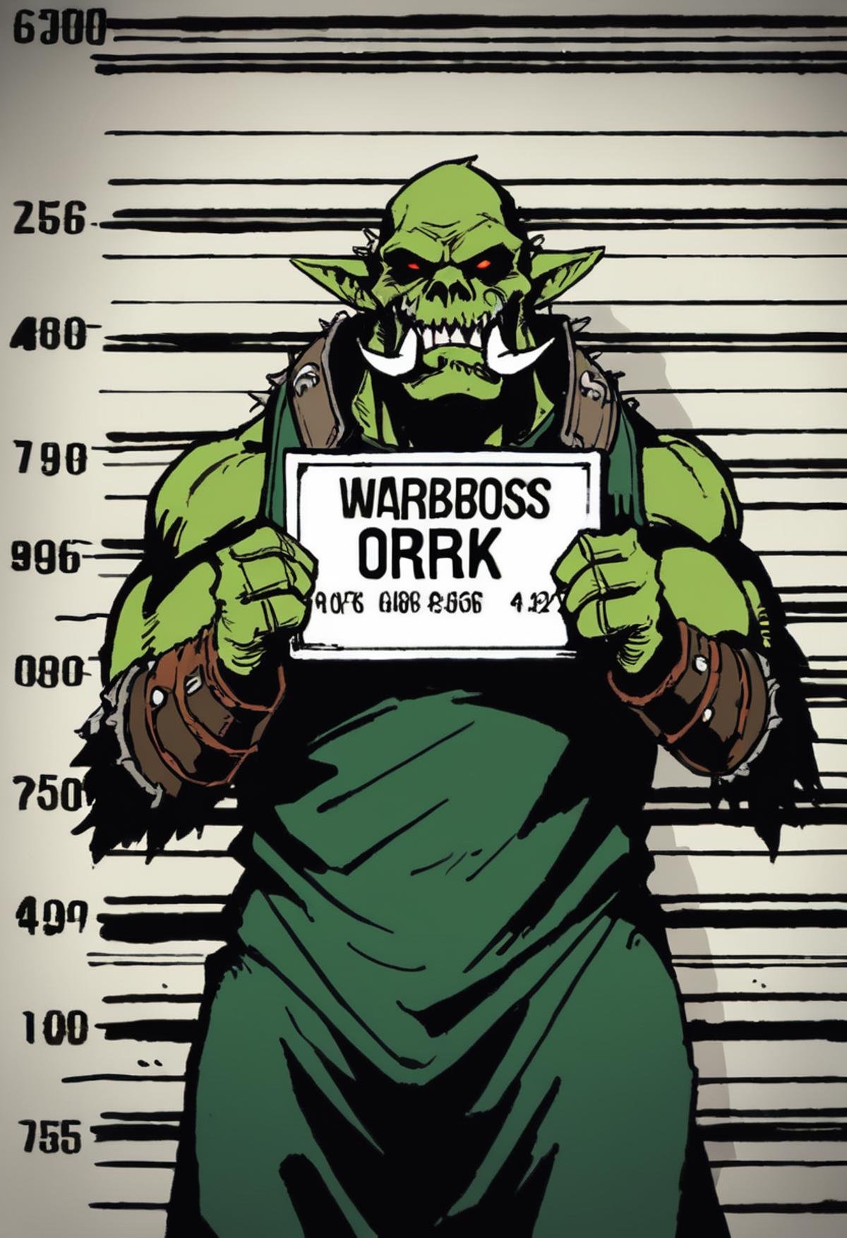 Anime Illustration, 1man, Ork Warboss, Warhammer 40K, mugshot, mugshot meme, solo, height chart, prison clothes, green skin, against wall, grimdark, holding, sign, tusks, extremely detailed, best quality