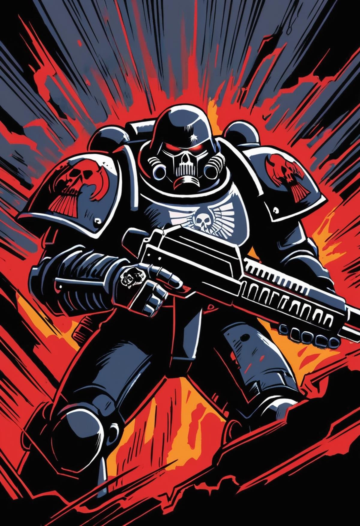 Anime Illustration, manga cover \(style\), Space Marine, Black Templars chapter, Warhammer 40K, solo, black Astartes power armor, bolter, holding weapon, holding gun,  dynamic composition, intense, bold lines, contrasting colors, expressive lines, gritty, grimdark, Aquila \(symbol\)