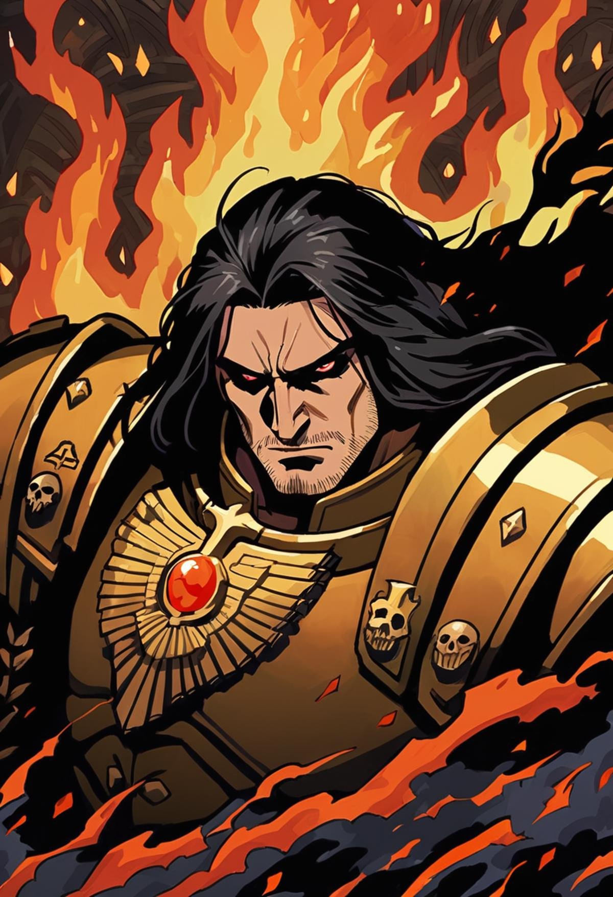 Anime \(style\), 1man, The Emperor of Mankind from Warhammer 40K, solo, long black hair, red eyes, golden power armor, no helmet, stern expression, pale skin, facial hair, stubble, detailed facial features, imperial Aquila \(symbol\), laurel wreath, complex background, vibrant colors, fire, grimdark, portrait, epic, centered, gritty, stern expression, dynamic composition, cel shading, highest quality, clean lines, extremely detailed