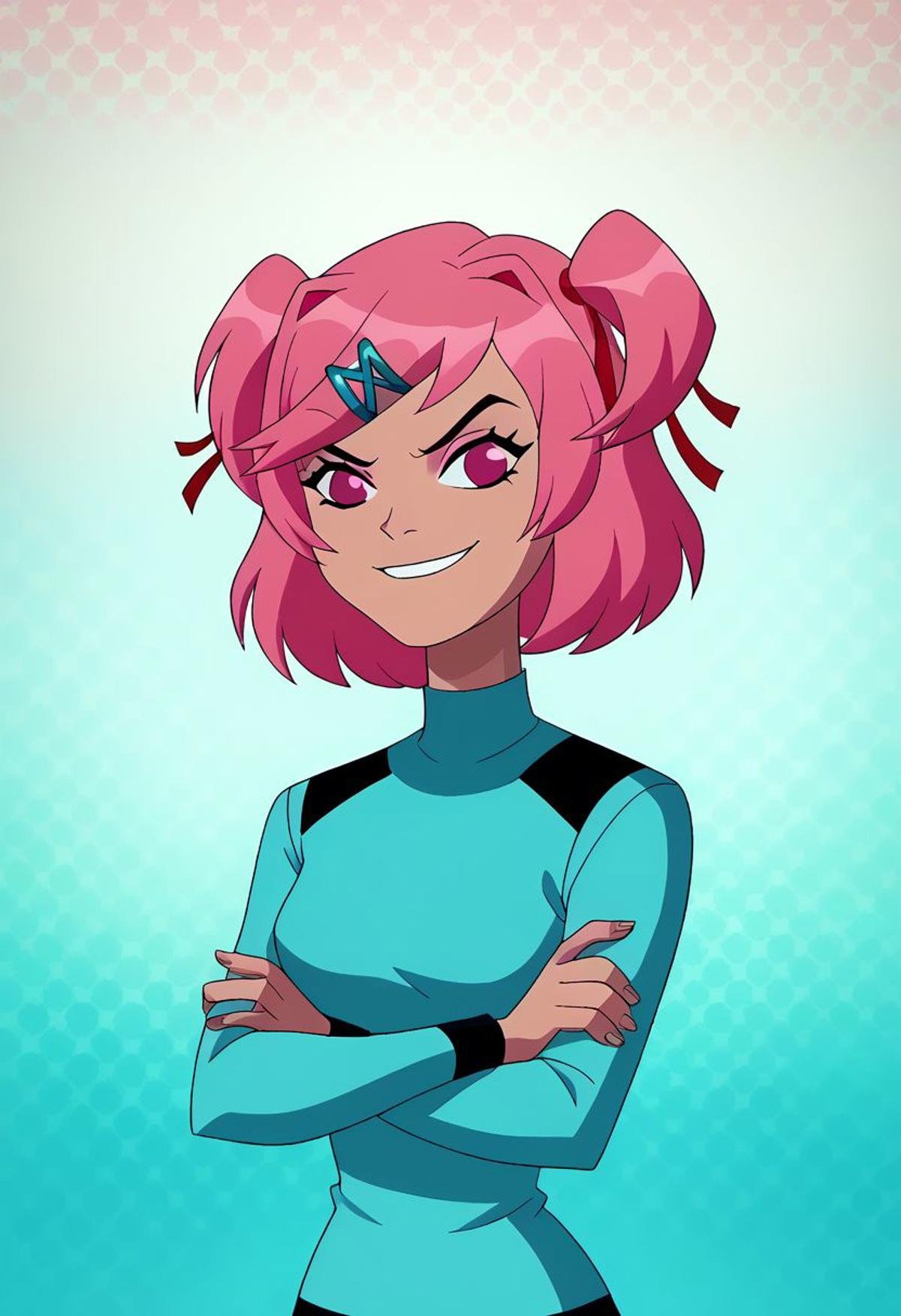 score_8, score_7, score_6, score_5,(masterpiece, best quality, amazing quality, abstract art background), ,cowboy shot, multi colored background,  wyatt, , 1 girl,  character focus, upper body visible, zoomed in medium shot, crossed arms, angry, , , smiling, natsuki, pink hair, pink eyes, two side up, x hair ornament