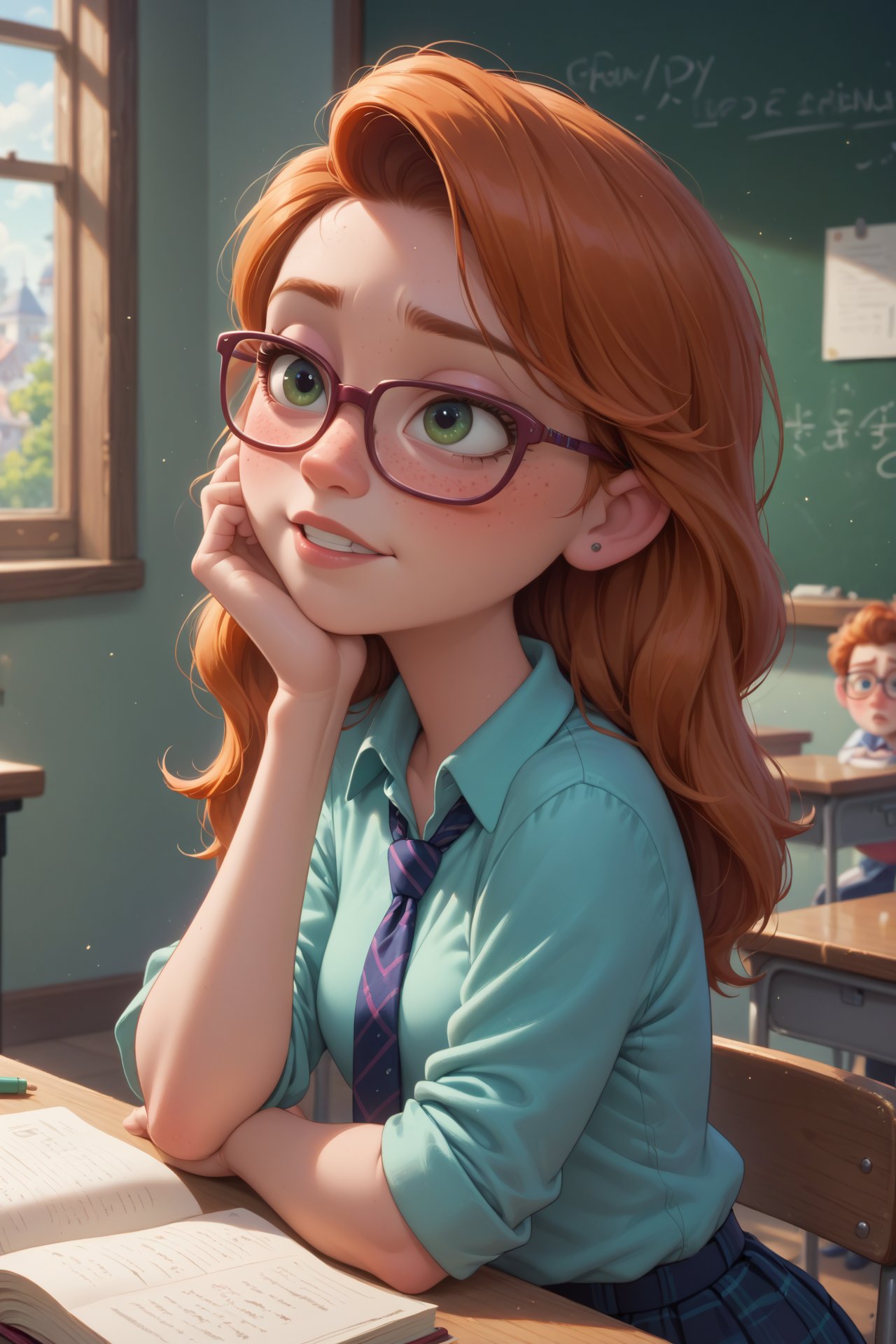 disney_pixar,ginger,female,glasses,nerdy female,freckles,school_girl, score_9, score_8_up, score_8