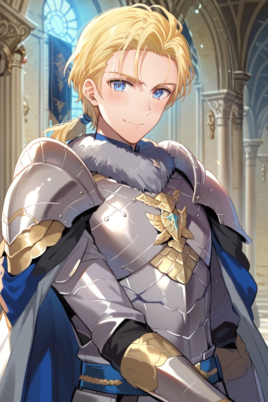 (score_9, score_8_up:1.1), score_7_up, kippuart, dimitrife, dimitrihopes, 1boy, blonde hair, blue eyes, solo, swept back hair, short ponytail, fur trim, silver armor, shoulder plates, smile, blush, looking at viewer, toned body, portrait, castle, indoors