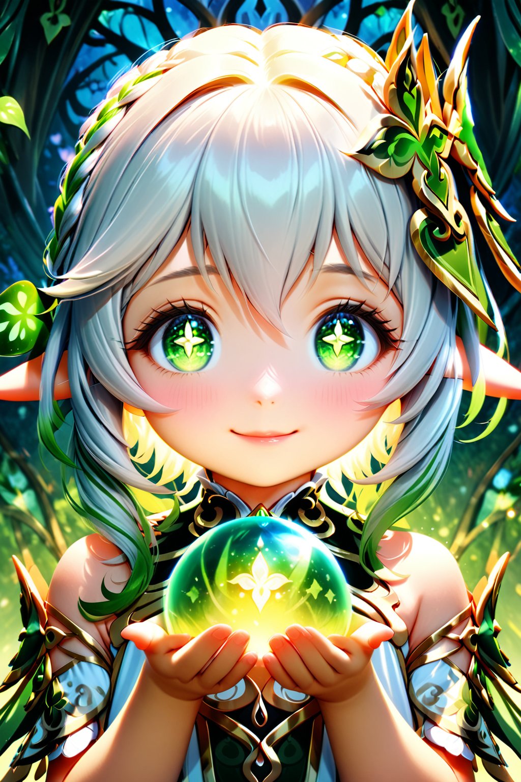 1girl, nahida (genshin impact), medium shot, holding in her hands a sphere of energy created with magic in an enchanted forest at night, around nahida emanates a natural aura of green color, smile, beautiful detailed eyes, beautiful detailed lips, extremely detailed face, longeyelashes, cute expression, mystical atmosphere, fantasy landscape, glowing particles, cinematic lighting, vibrant colors, intricate details, digital art, high quality, 8k, photorealistic