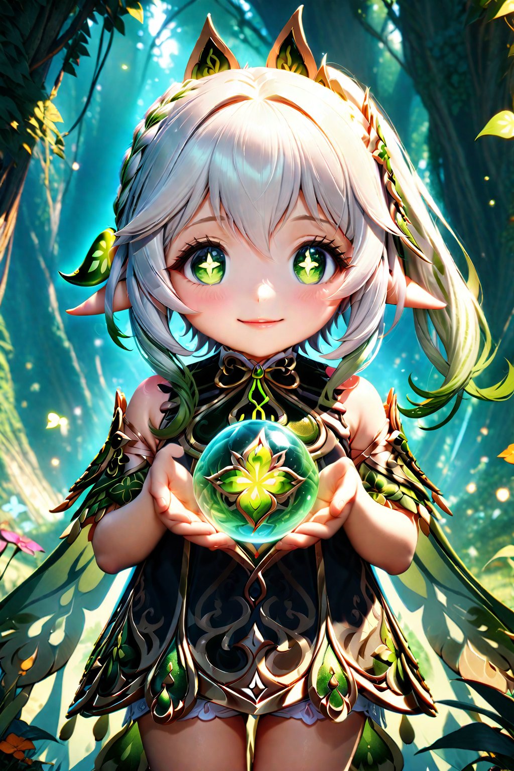 1girl, nahida (genshin impact), medium shot, holding in her hands a sphere of energy created with magic in an enchanted forest at night, around nahida emanates a natural aura of green color, smile, beautiful detailed eyes, beautiful detailed lips, extremely detailed face, longeyelashes, cute expression, mystical atmosphere, fantasy landscape, glowing particles, cinematic lighting, vibrant colors, intricate details, digital art, high quality, 8k, photorealistic