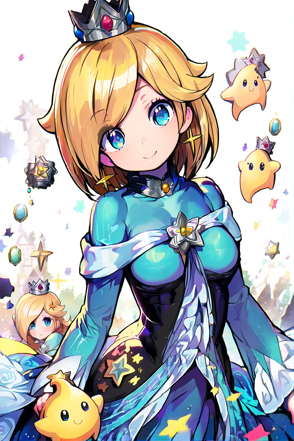 score_9_up, score_8_up, score_7_up, source_anime, 1girl, beautiful detailed eyes, ((masterpiece,best quality)), absurdres, solo, princess rosalina, short hair, blonde hair,  silver crown, blue eyes, long sleeves, smile, curvy, head tilt