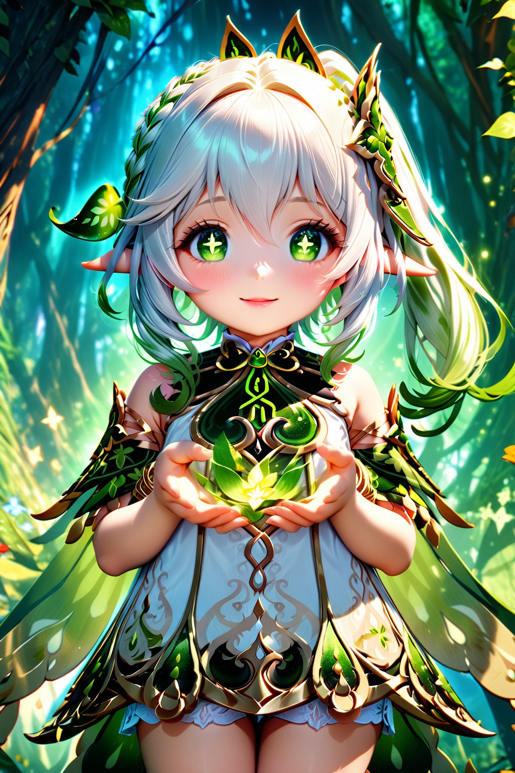 1girl, nahida (genshin impact), medium shot, holding in her hands a sphere of energy created with magic in an enchanted forest at night, around nahida emanates a natural aura of green color, smile, beautiful detailed eyes, beautiful detailed lips, extremely detailed face, longeyelashes, cute expression, mystical atmosphere, fantasy landscape, glowing particles, cinematic lighting, vibrant colors, intricate details, digital art, high quality, 8k, photorealistic