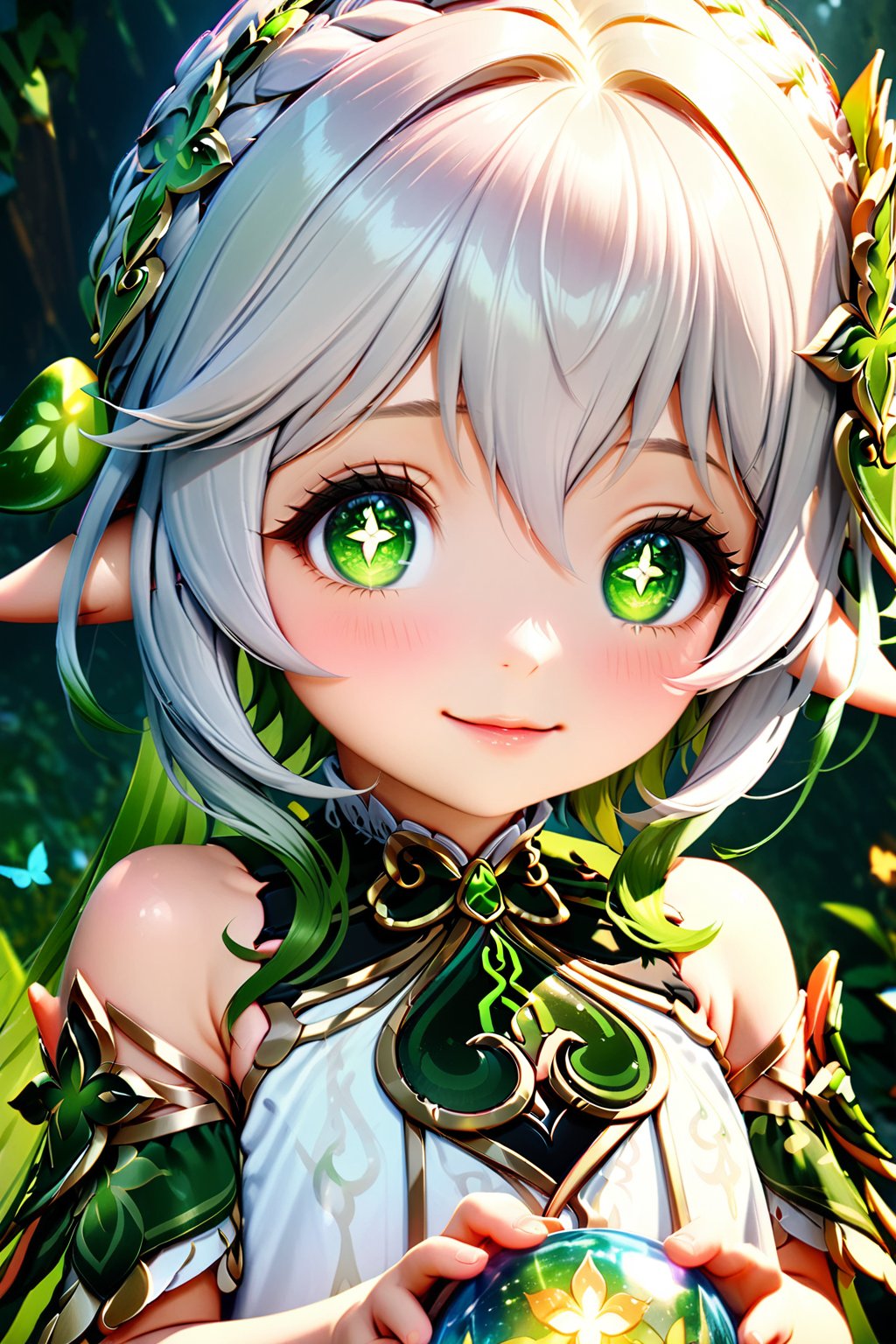 1girl, nahida (genshin impact), medium shot, holding in her hands a sphere of energy created with magic in an enchanted forest at night, around nahida emanates a natural aura of green color, smile, beautiful detailed eyes, beautiful detailed lips, extremely detailed face, longeyelashes, cute expression, mystical atmosphere, fantasy landscape, glowing particles, cinematic lighting, vibrant colors, intricate details, digital art, high quality, 8k, photorealistic