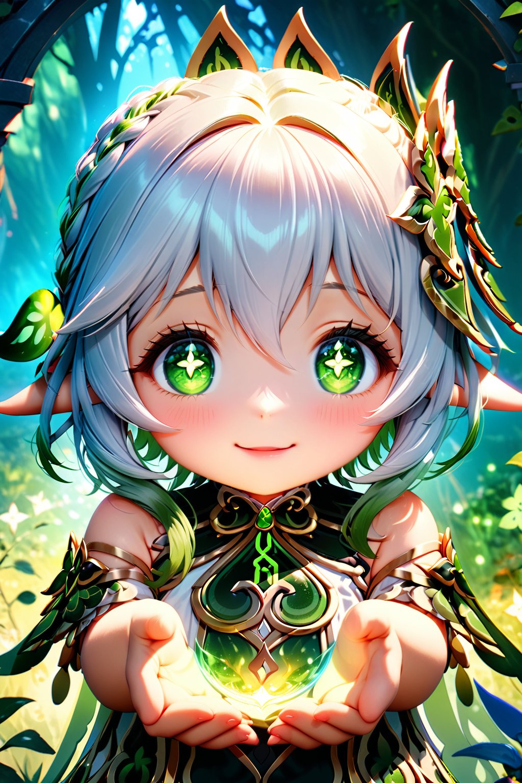 1girl, nahida (genshin impact), medium shot, holding in her hands a sphere of energy created with magic in an enchanted forest at night, around nahida emanates a natural aura of green color, smile, beautiful detailed eyes, beautiful detailed lips, extremely detailed face, longeyelashes, cute expression, mystical atmosphere, fantasy landscape, glowing particles, cinematic lighting, vibrant colors, intricate details, digital art, high quality, 8k, photorealistic