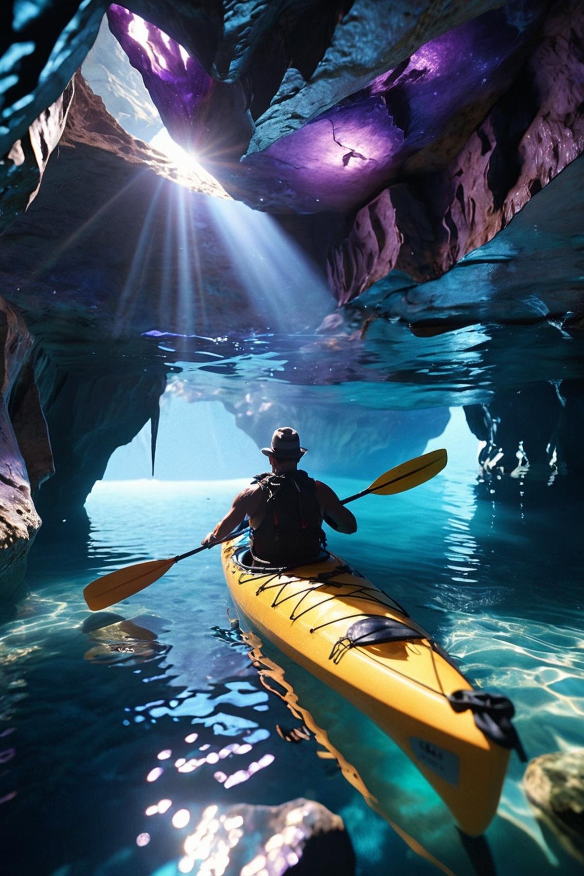 A beautiful cave with a kayak in the clear blue water with an Explorer admiring the natural beauty, amethyst rocks glisten from rays of moonlight coming through some cracks in the cave roof, ultra realism, RAW photo, dreamy soft focus, detailed photo, gorgeous, shallow depth of field, bokeh, volumetric lighting, iridescent skin, (surreal:0.4), hyper detailed photorealistic life-like accurate proportional 8k sharp focus, (accurate cinematic lighting), photorealistic detail