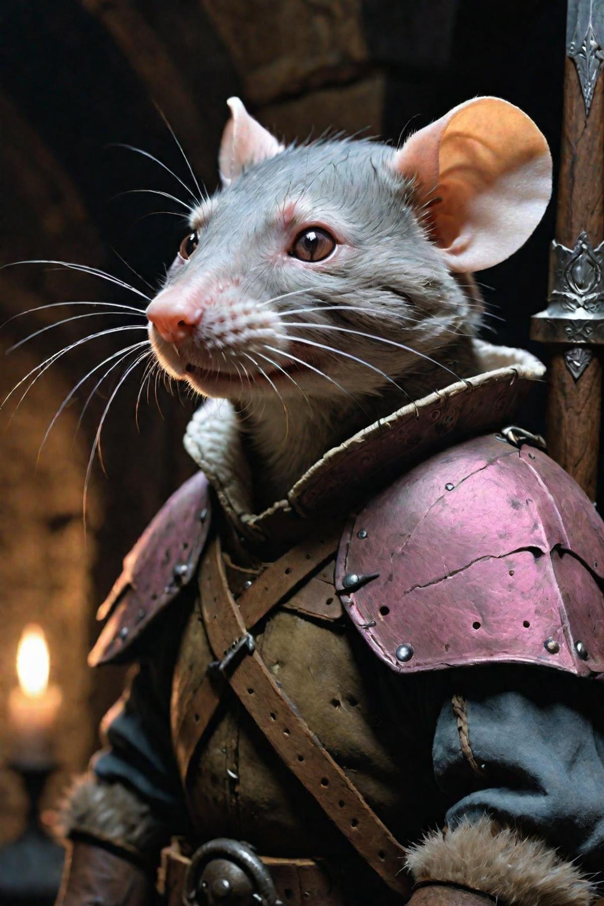 Gustave Doré Style page   In the style of Dungeons and Dragons and Dark Fantasy, In the style of Dungeons and Dragons, a photorealistic image of a (humanoid rat medieval soldier): an alert sly shrewd (rat humanoid) male with mottled brown and white fur (weathered skin, skin textures and imperfections), bemused smile, pink rat eyes.  Mood lighting, volumetric fog, intricately detailed with sharp focus.