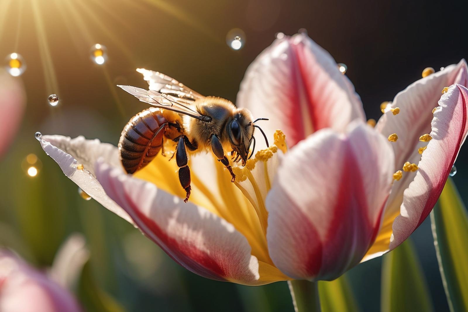 ((macro photography)) a single bee getting the pollen in a flower, super detailed close up macro shot, high definition, masterpiece, (pollen), tulip, morning dew, golden hour, light rays, ray tracing, morning mist, photorealistic detail, RAW photo, dreamy soft focus, detailed photo, gorgeous, shallow depth of field, bokeh, hyper detailed photorealistic life-like accurate proportional 8k sharp focus, (selective focus:0.6)