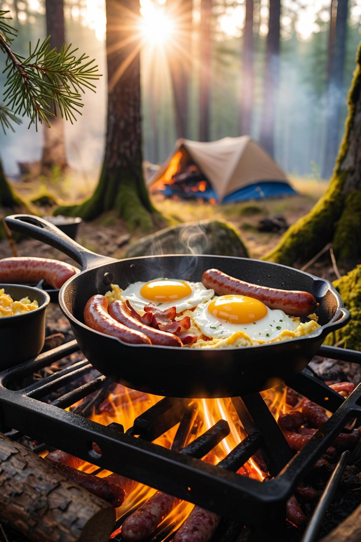 realistic camping breakfast with sausages and eggs in a cast iron skillet. Fried eggs with sausages in a pan in the forest. Food at the camp, god rays of light casting through the tree branches, slight morning mist in the air. Scrambled eggs with bacon on fire ,sunset time , 32k , high quality <lora:add-detail-xl:0.5> <lora:casting shadow style v2:0.8> casting shadow style, cucoloris patterned illumination