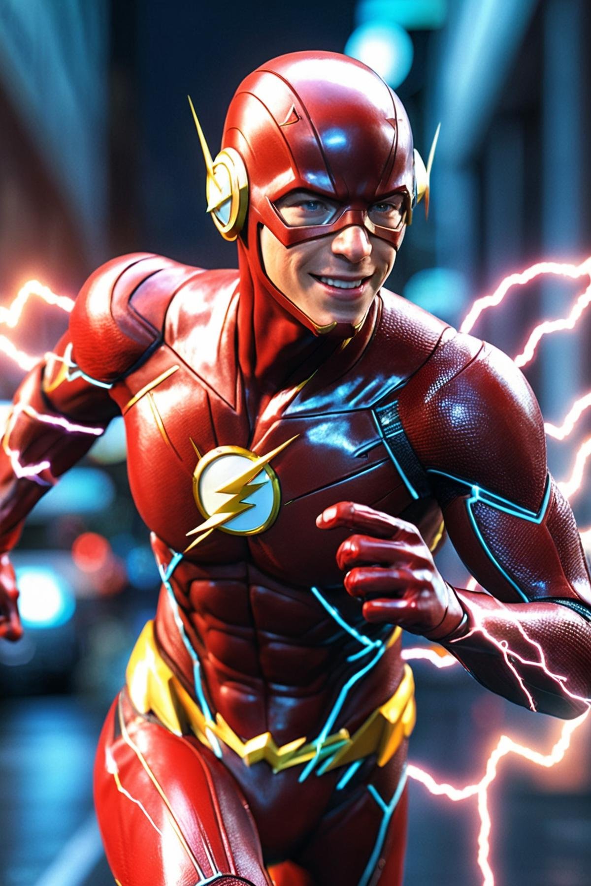 ((The Flash)), (1boy) The Flash running at god speed, (running as fast as the speed of light, electricity flies past him, an amazing sense of motion and speed, light trails), electro thunder strike effect as a background, using the highest render computational, very complex and detailed, wearing the flash suit, a strong emphasis on character design, unique and interesting poses and facial expressions vivid and dynamic, beautiful smile, RAW photo, detailed photo, gorgeous, shallow depth of field, bokeh, vibrant saturated color, volumetric lighting, iridescent skin, (surreal:0.4), hyper detailed photorealistic life-like accurate proportional 8k sharp focus, (accurate cinematic lighting), photorealistic detail, (selective focus:0.6),