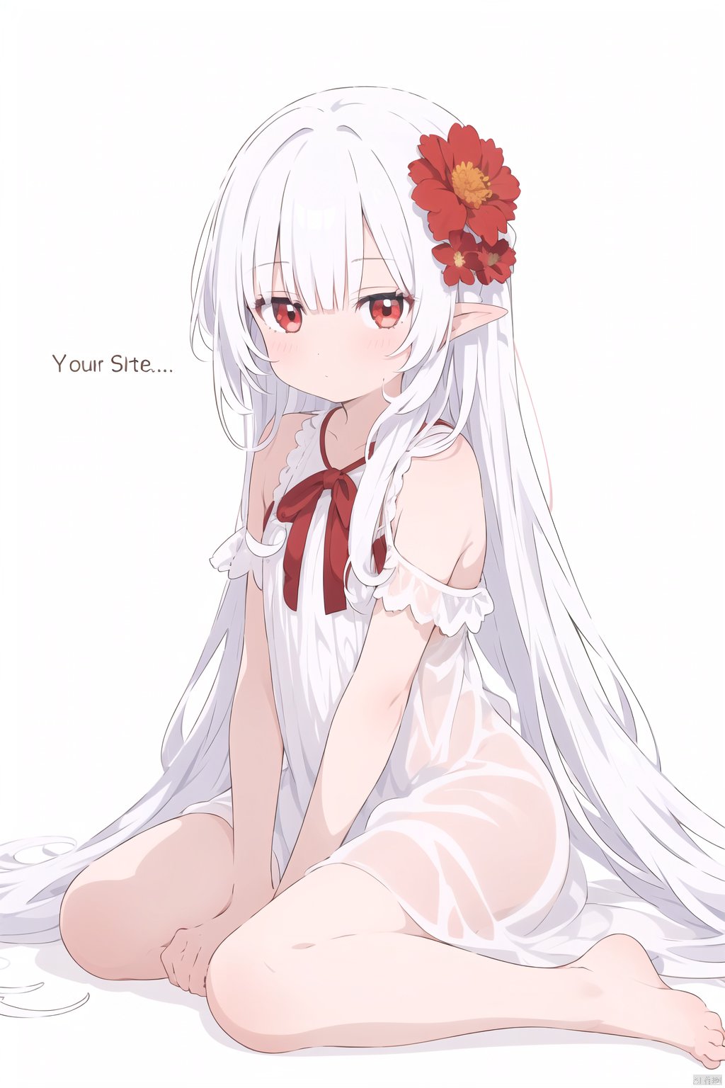 1girl, loli, red eyes, white long translucent night gown, expressionless, (white hair), hair cover one eye, long hair, red hair flower, blood, (white background:1.5), (English text), sit on the ground,