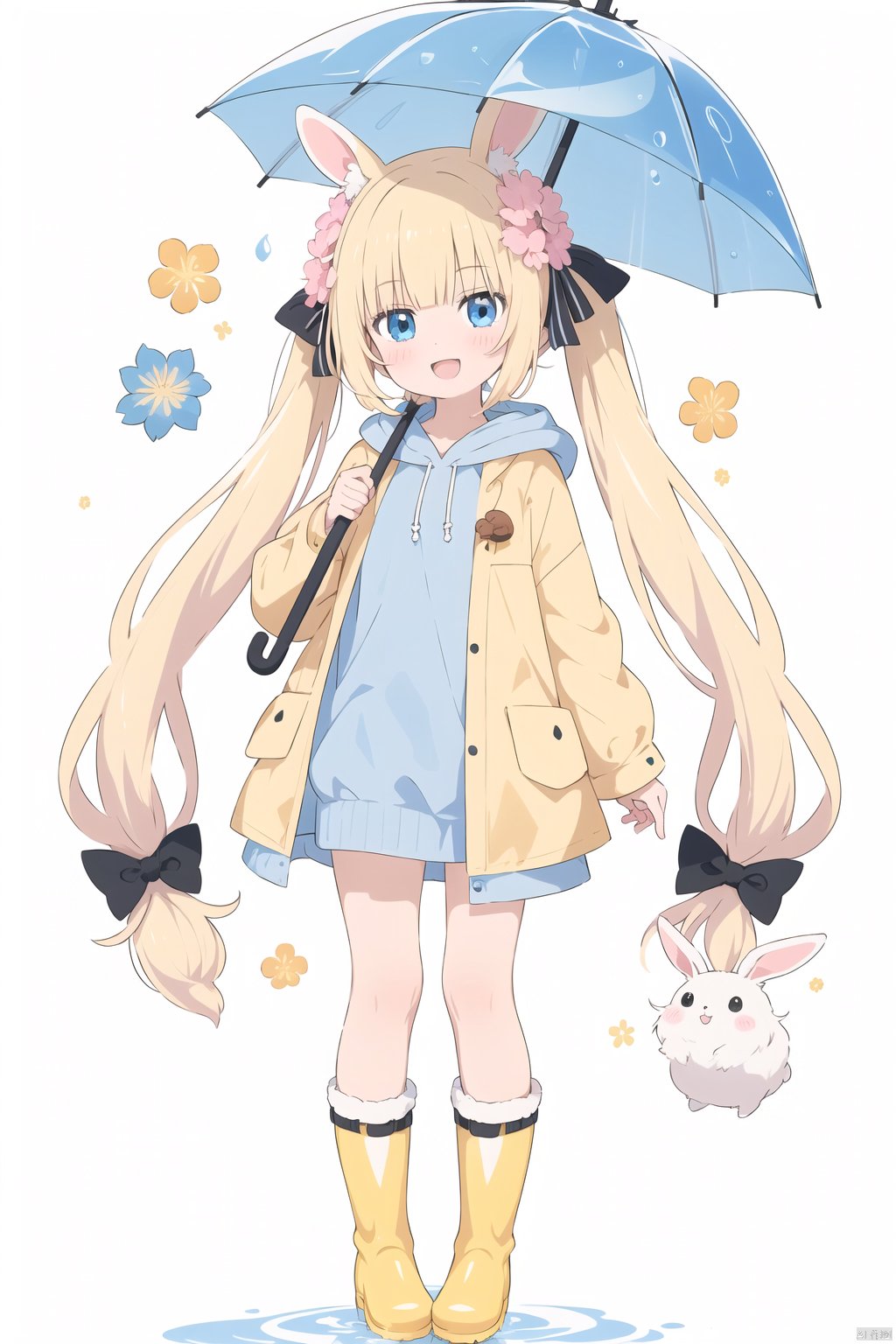 1girl,rainbow,raincoat,yellow raincoat,rubber boots,hydrangea,flower,long hair,twintails,boots,blush,umbrella,open mouth,hair ornament,white background,hood,solo,teruterubouzu,very long hair,hood up,long sleeves,low twintails,bow,bangs,smile,animal hood,blue eyes,rabbit,closed umbrella,puddle,full body,:d,snail,yellow footwear,simple background,pink flower,standing,leaf umbrella,holding umbrella,food-themed hair ornament,hair bow,animal ears,holding,blonde hair,hair flower,rain,animal,clpstyle,cuteloli