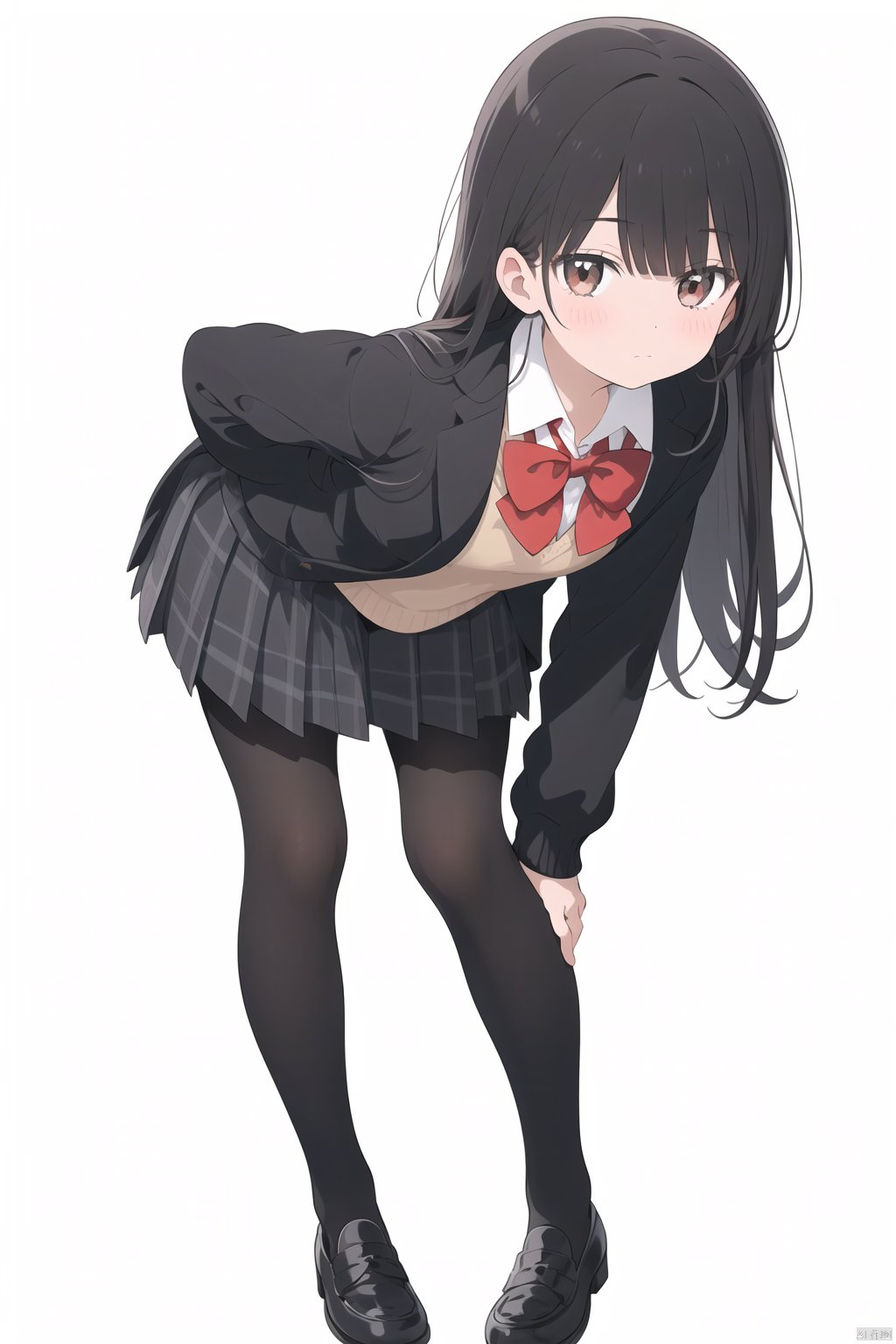 1girl, solo, pantyhose, skirt, long hair, loafers, shoes, simple background, school uniform, brown eyes, plaid, black pantyhose, plaid skirt, looking at viewer, black hair, pantyhose pull, full body, clothes pull, black footwear, pleated skirt, leaning forward, bangs, long sleeves, bent over, cardigan, bow, bowtie, standing, closed mouth, pulled by self, grey background, blush, miniskirt, red bow, sweater, undressing, backlight, panties under pantyhose