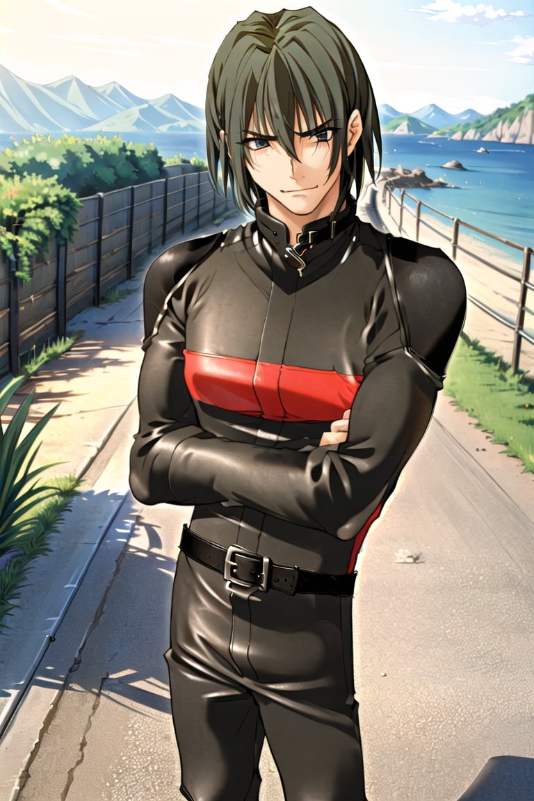 (Best picture quality, Top quality, Masterpiece: 1.3), Sharp picture quality,Black hair, one man, rider suit, ((He crosses his arms)),Small church with sea view in the background, beautiful scenery,Angle from above,He carries a raven on his shoulder,((Turn diagonally)),