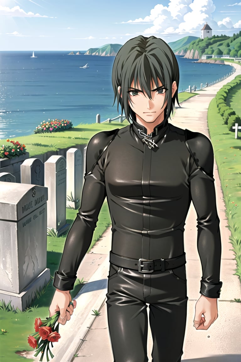 (Best picture quality, Top quality, Masterpiece: 1.3), Sharp picture quality,Black hair, one boy, rider suit, ((Men offer flowers at the grave)),Small church with sea view in the background, beautiful scenery,(Angle from above),