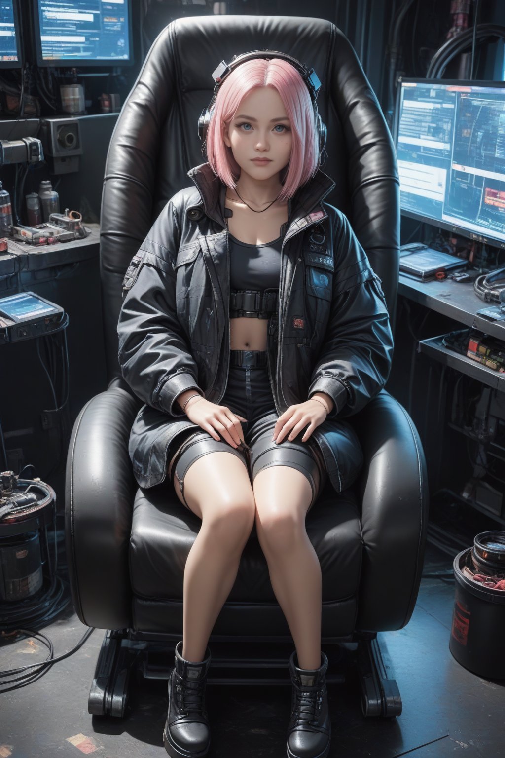 Score_9, Score_8_up, Score_7_up, Score_6_up, Score_5_up, Score_4_up, masterpiece, best quality, 
BREAK
1girl, solo, upper body, Beauty, beautiful eyes, long eyelashes, black eyes, cyberpunk girl, futuristic girl, cyberpunk coat, VR headset rests, symmetrical image, looking at the viewer, 
BREAK
green theme, girl sitting in front, sitting in the armchair, sitting in a cyberpunk armchair, surrounded by cables and screens, 
platform heel shoes, short bob hair, pink hair, 
BREAK
cyberpunk room, aviation full of screens and cables, pipes and ventilation ducts, night, cyberpunk city, dark atmosphere, dark horror atmosphere, FuturEvoLabCyberpunk, FuturEvoLabGirl, FuturEvoLab, FuturEvoLabgirl, FuturEvoLabMecha