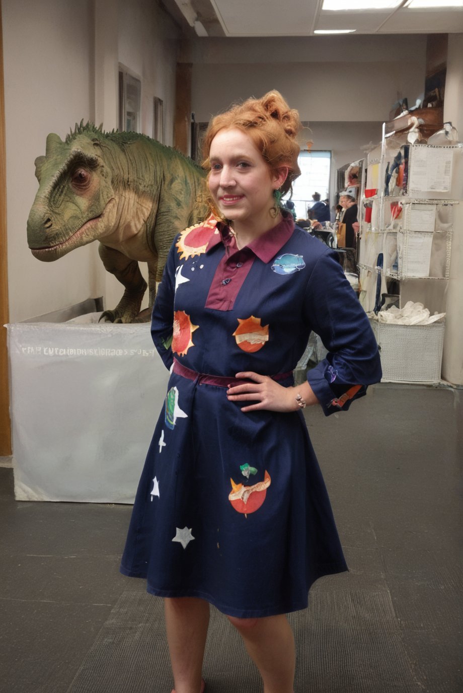 miss frizzle, standing, in museum, dinosaur bones, realistic