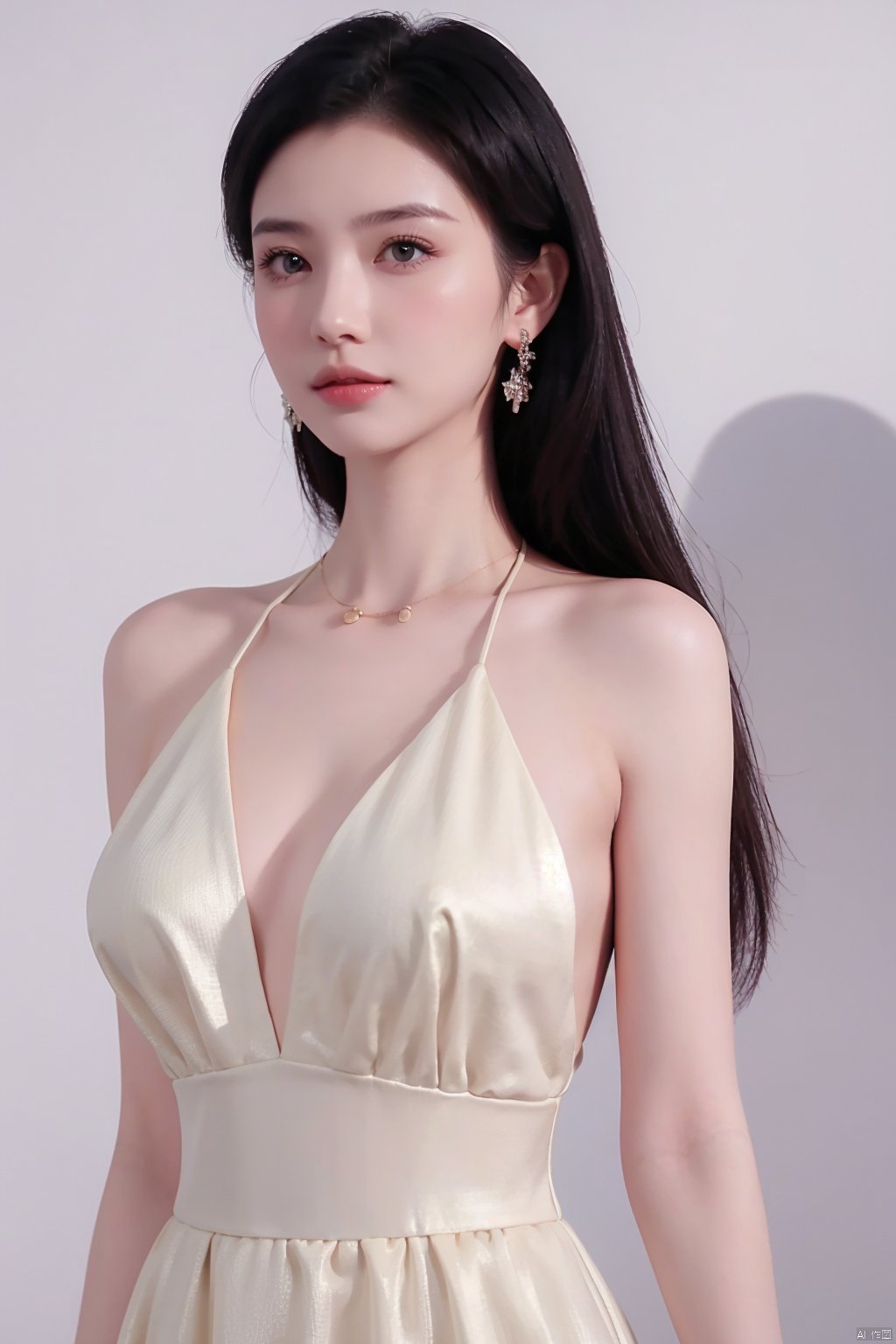 A girl,charming and elegant dress,fashionable and luxurious,with black eyes,advertising photography,white background,standing posture,upper body photo,advertising blockbuster photography,realistic,exquisite,high-definition,8K,perfect facial details,the best quality,