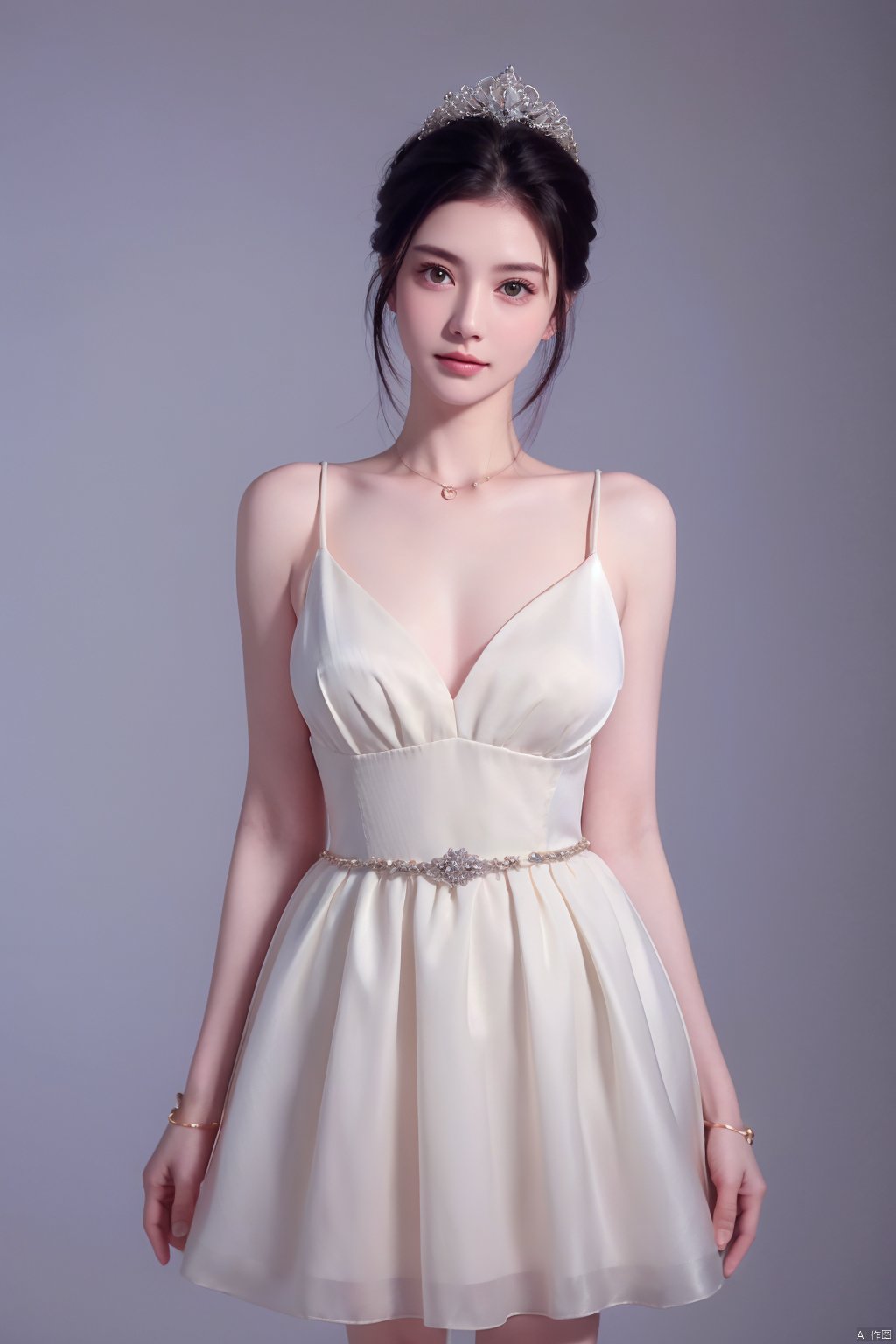 A girl,charming and elegant dress,fashionable and luxurious,with black eyes,advertising photography,white background,standing posture,upper body photo,advertising blockbuster photography,realistic,exquisite,high-definition,8K,perfect facial details,the best quality,