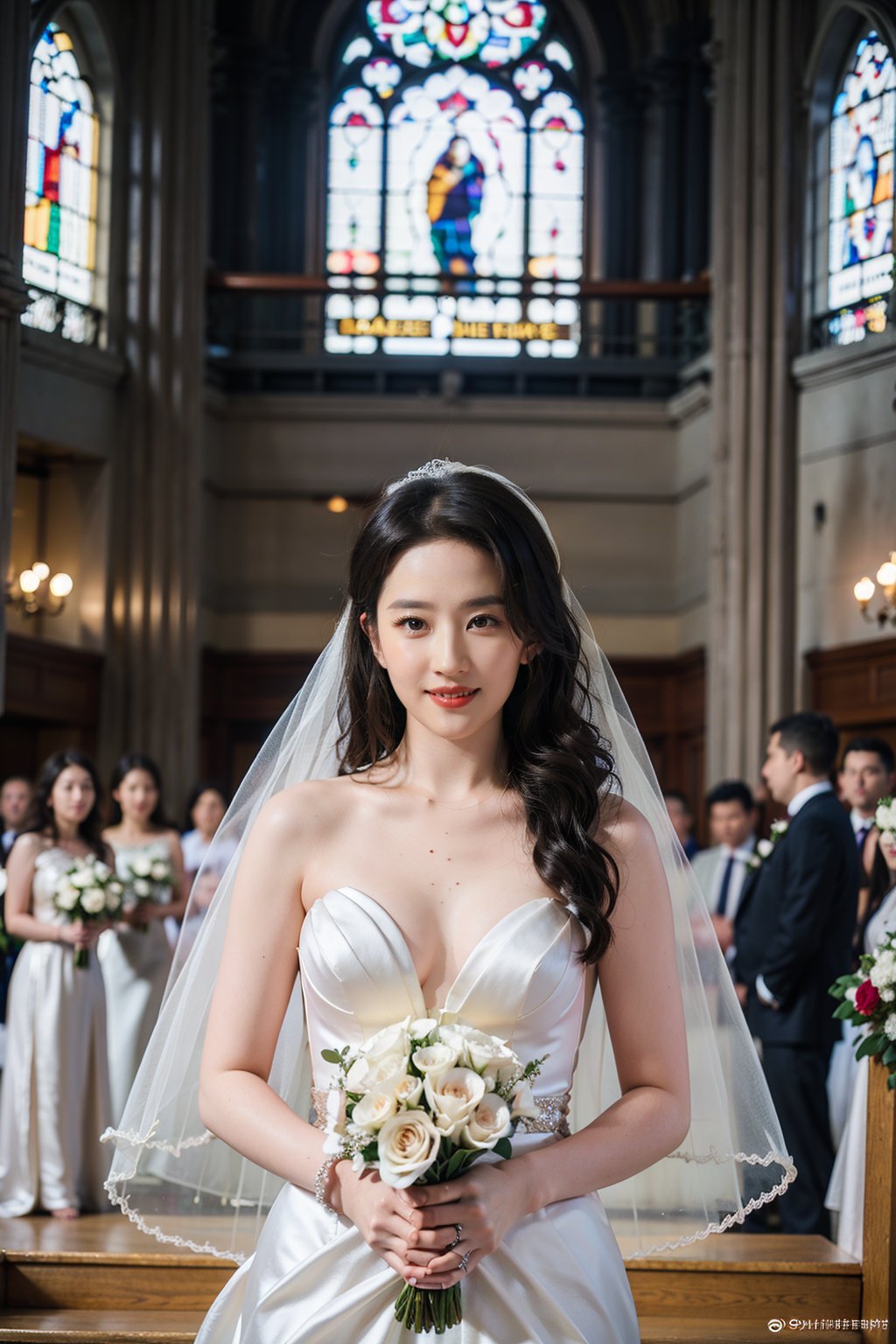 1girl, wedding scene, beautiful, black hair, long hair, (bride:1.2), white wedding dress, veil, holding bouquet, (smile:1.1), sparkling eyes, surrounded by guests, church interior, stained glass windows, flower decorations, candlelight, warm atmosphere, detailed background, depth of field, realistic, ambient light, (cinematic composition:1.3), high definition, best quality, masterpiece.