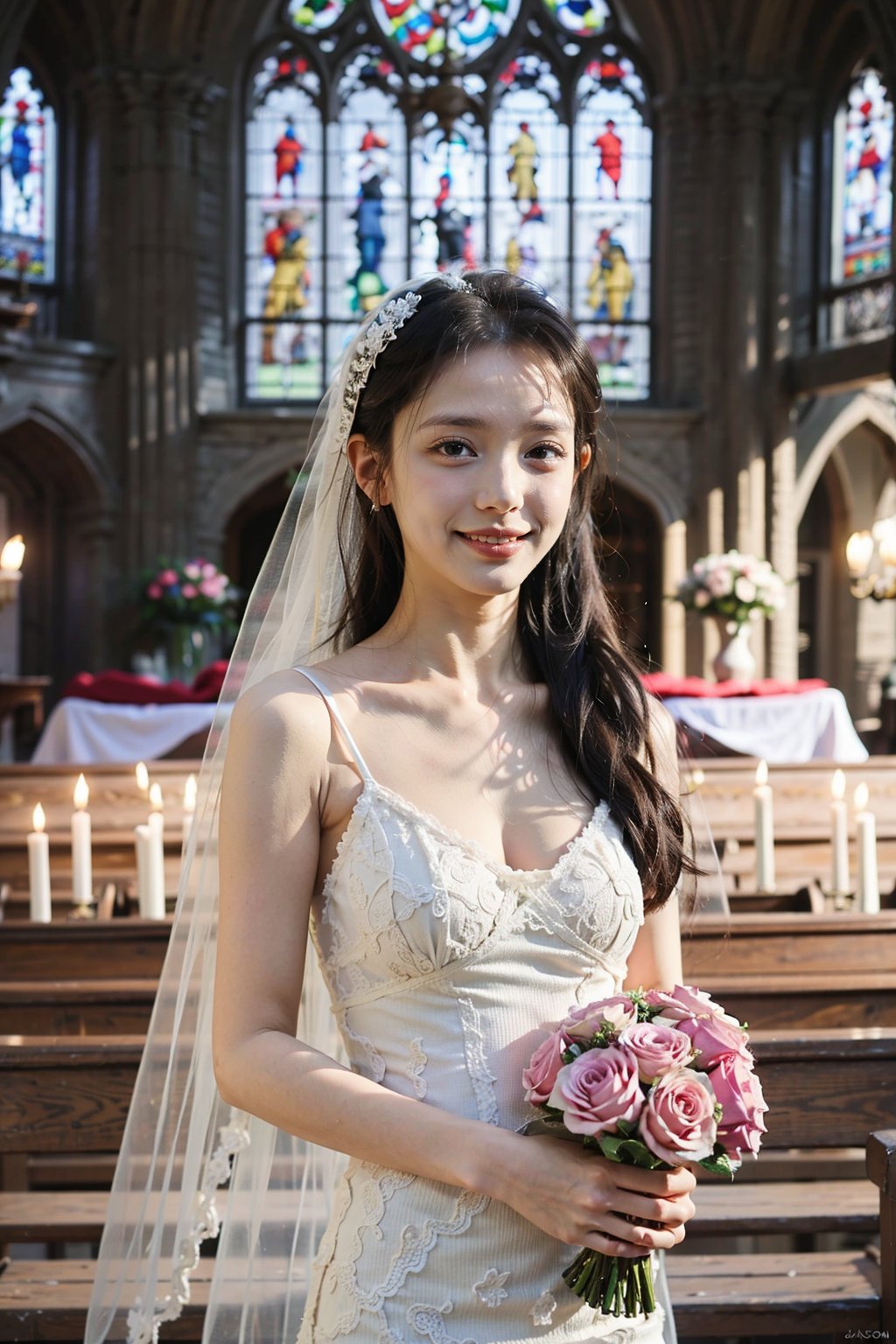 1girl, wedding scene, beautiful, black hair, long hair, (bride:1.2), white wedding dress, veil, holding bouquet, (smile:1.1), sparkling eyes, surrounded by guests, church interior, stained glass windows, flower decorations, candlelight, warm atmosphere, detailed background, depth of field, realistic, ambient light, (cinematic composition:1.3), high definition, best quality, masterpiece.