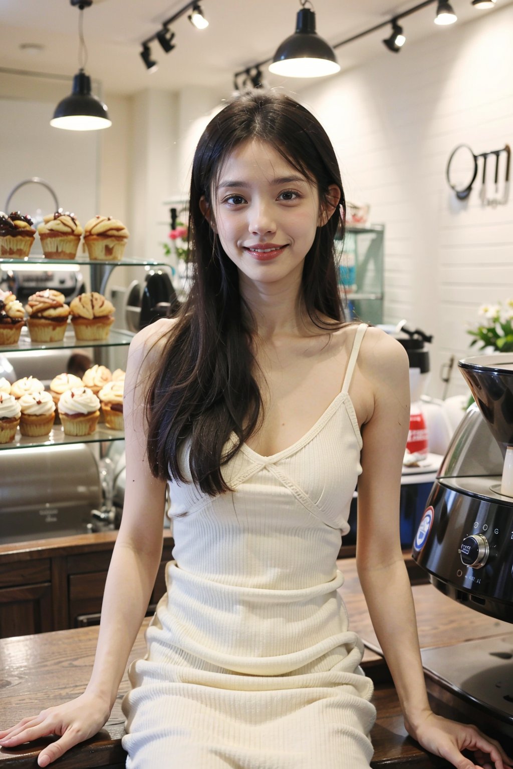 1girl, beautiful, black hair, long hair, smiling, coffee shop, sitting, (20yo:1.3), detailed eyes, light blush, white dress, (flowers in hair:1.1), looking at viewer, counter, espresso machine, cups, pastries, warm lighting, cosy atmosphere, beautifully detailed background, realistic, ambient light, (cinematic composition:1.3), HDR, Accent Lighting, wide-angle lens, best quality, masterpiece.