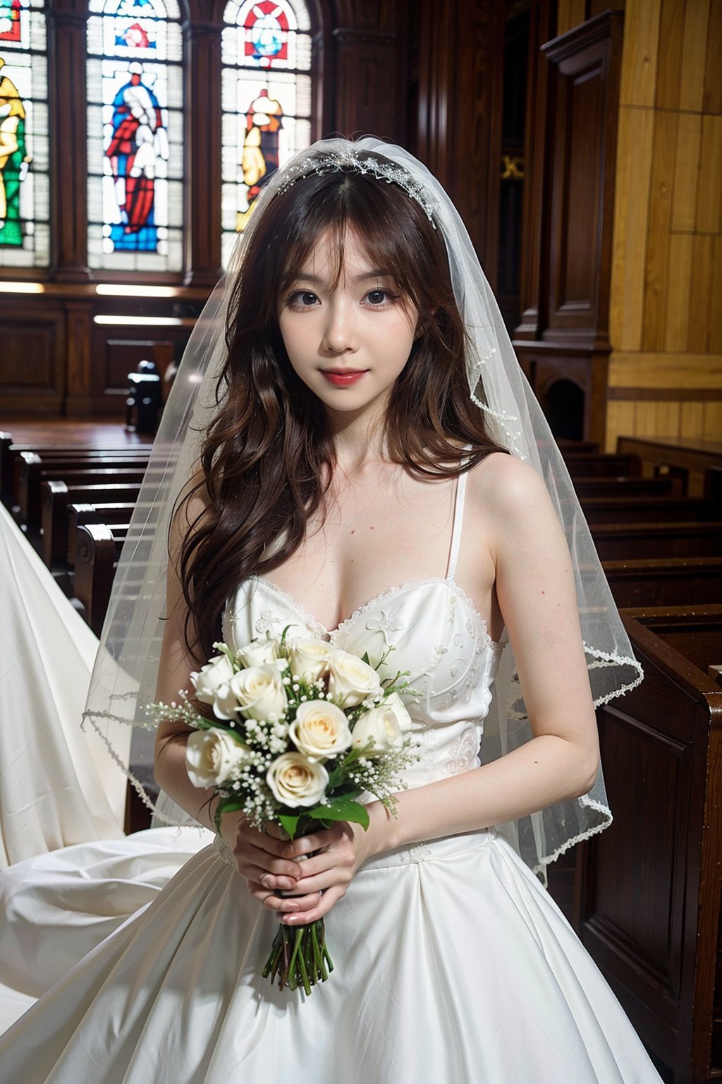 1girl, wedding scene, beautiful, black hair, long hair, (bride:1.2), white wedding dress, veil, holding bouquet, (smile:1.1), sparkling eyes, surrounded by guests, church interior, stained glass windows, flower decorations, candlelight, warm atmosphere, detailed background, depth of field, realistic, ambient light, (cinematic composition:1.3), high definition, best quality, masterpiece.