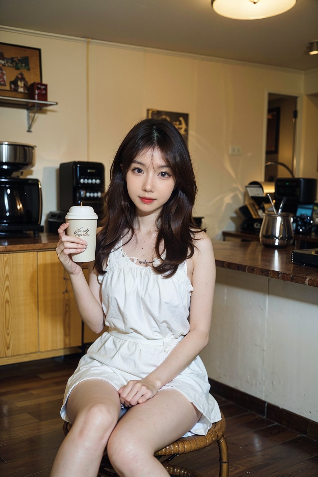 1girl, beautiful, black hair, long hair, smiling, coffee shop, sitting, (20yo:1.3), detailed eyes, light blush, white dress, (flowers in hair:1.1), looking at viewer, counter, espresso machine, cups, pastries, warm lighting, cosy atmosphere, beautifully detailed background, realistic, ambient light, (cinematic composition:1.3), HDR, Accent Lighting, wide-angle lens, best quality, masterpiece.