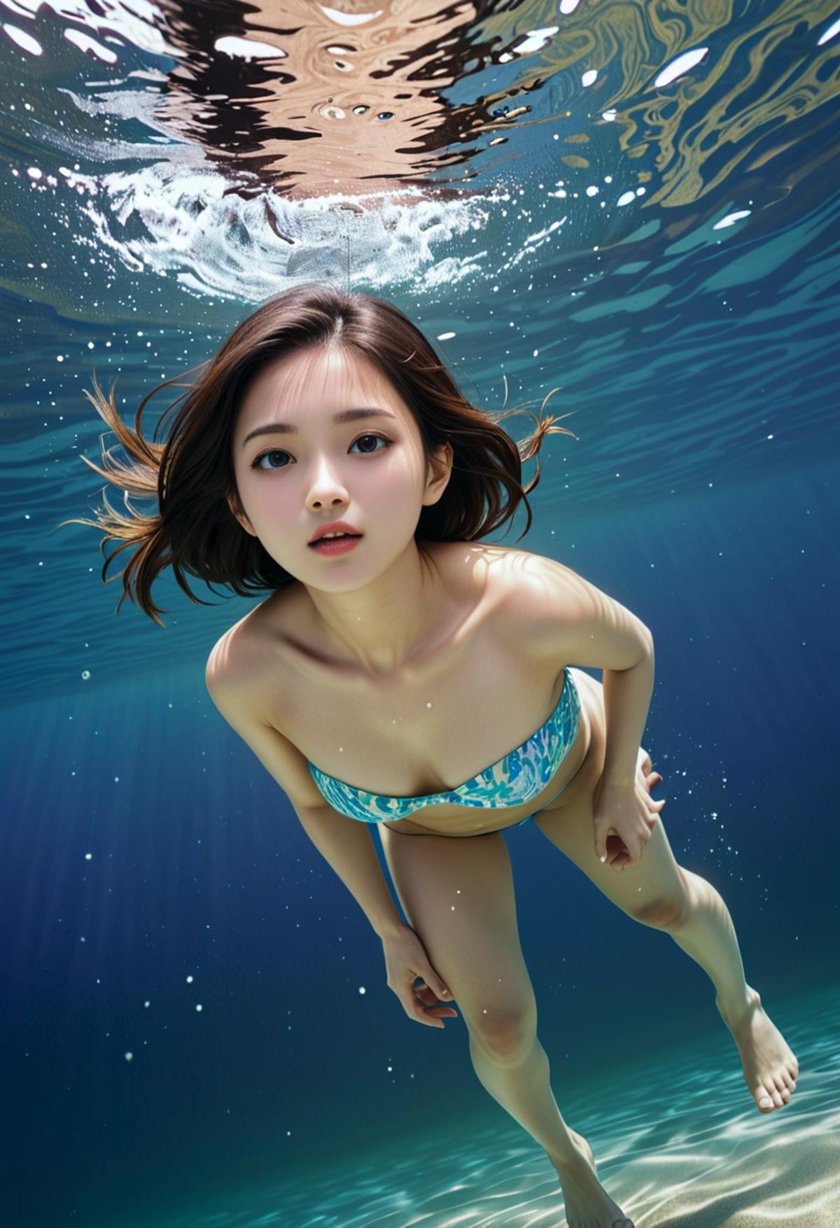 A beautiful japanese girl  floats up from beneath the waves.