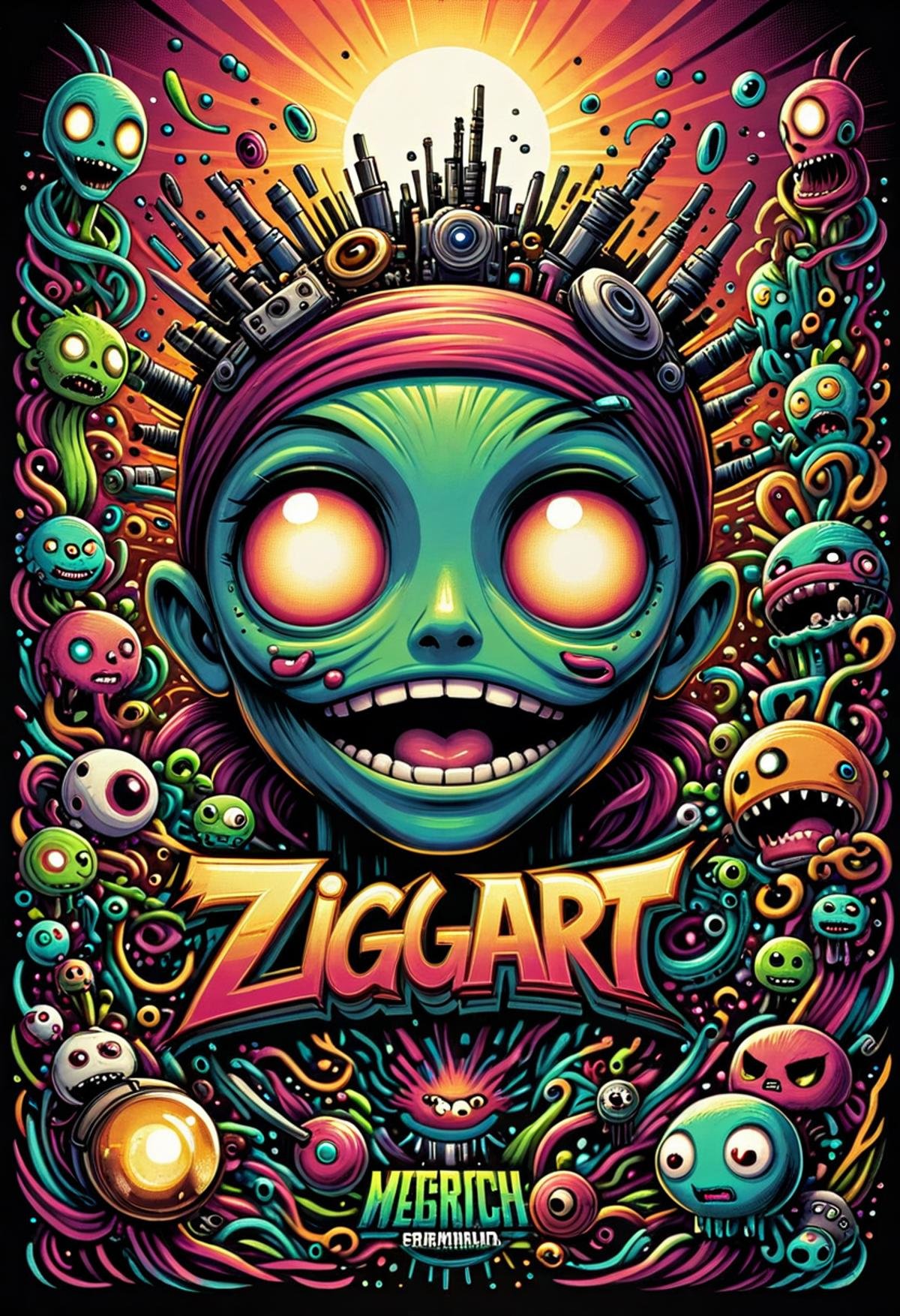 Logo, Vector art, comic, digital art, Text:"ZIGGART", showing the essence of weird mutant, creature, colorful, surprised face, cute, funny, crazy, mystic, steampunk, cyberpunk, graphic illustration, comic art, graphic novel art, vibrant, highly detailed, (playful elements), masterpiece