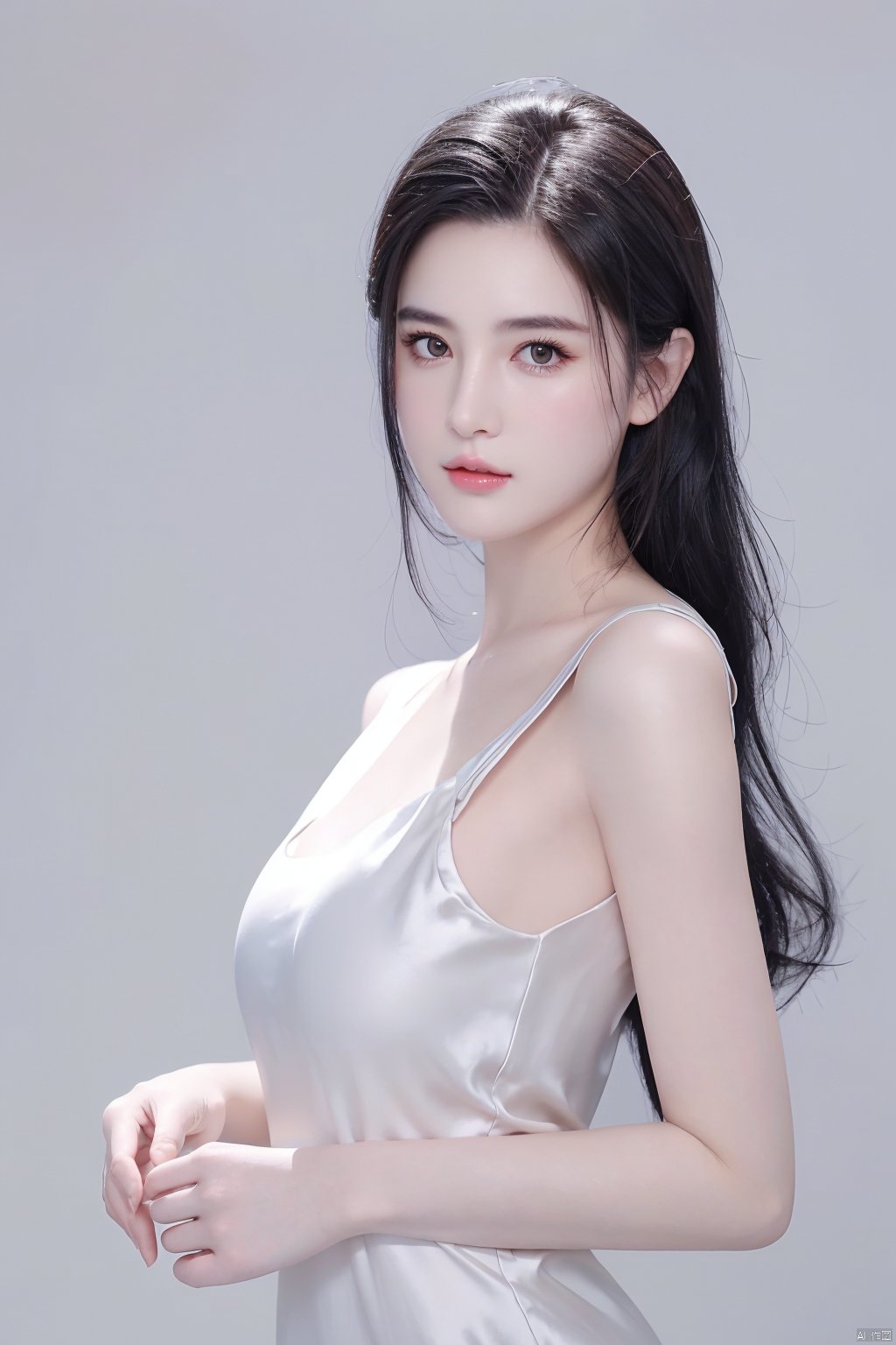 A girl,charming and elegant dress,fashionable and luxurious,with black eyes,advertising photography,white background,standing posture,upper body photo,advertising blockbuster photography,realistic,exquisite,high-definition,8K,perfect facial details,the best quality,