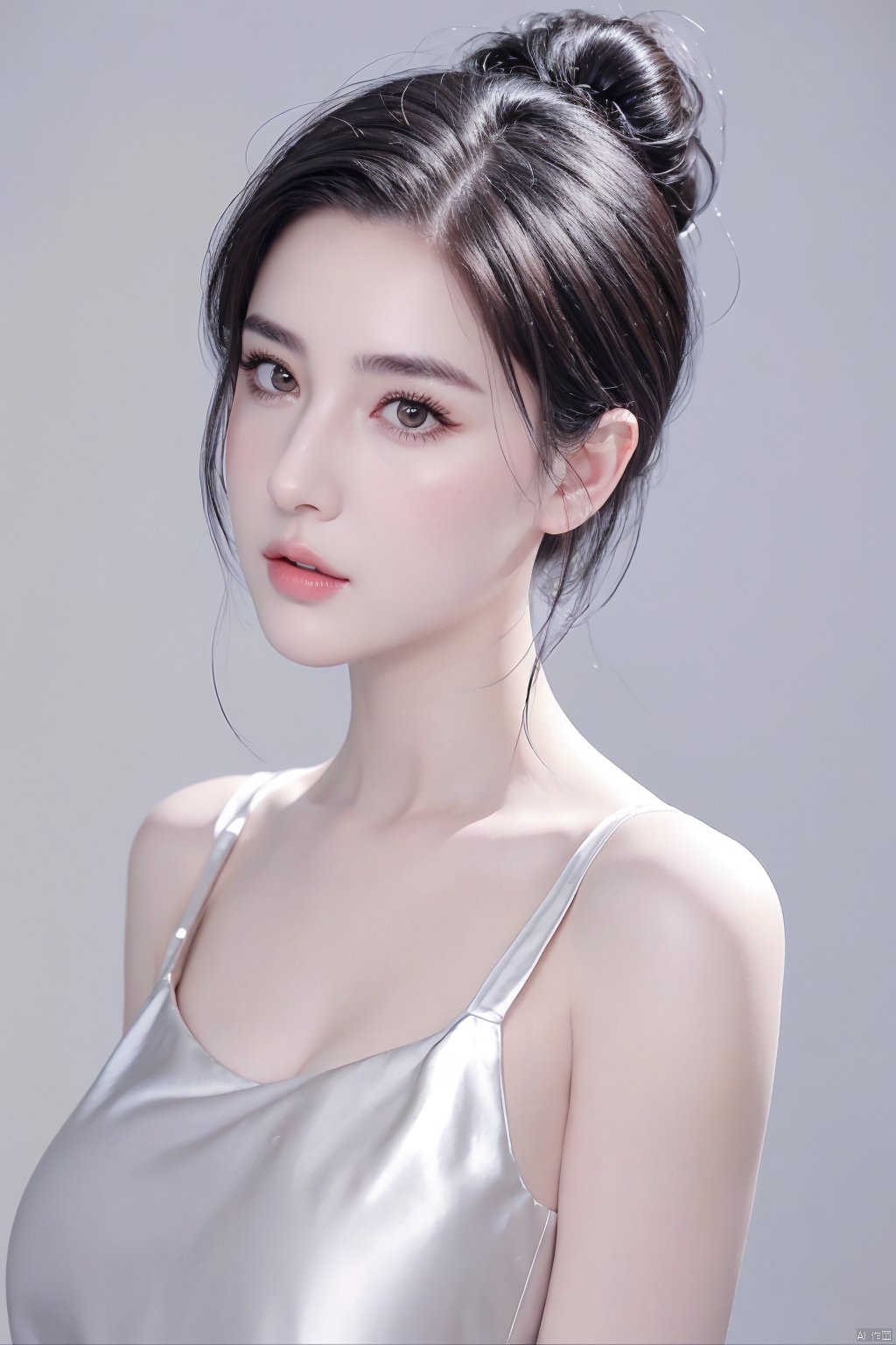 A girl,charming and elegant dress,fashionable and luxurious,with black eyes,advertising photography,white background,standing posture,upper body photo,advertising blockbuster photography,realistic,exquisite,high-definition,8K,perfect facial details,the best quality,