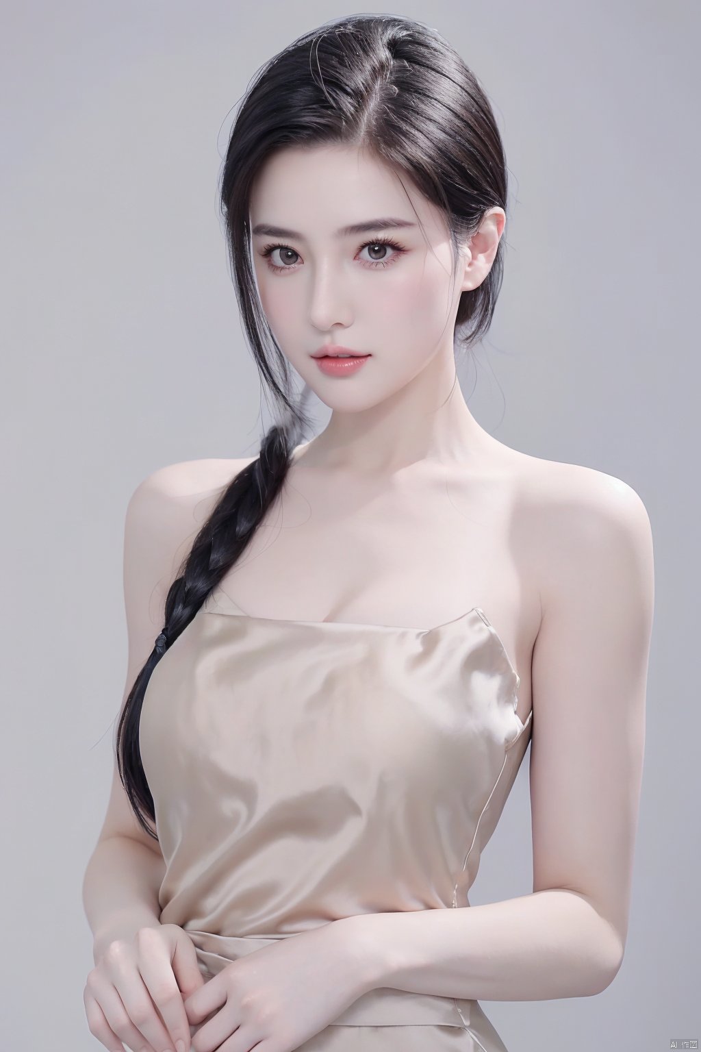 A girl,charming and elegant dress,fashionable and luxurious,with black eyes,advertising photography,white background,standing posture,upper body photo,advertising blockbuster photography,realistic,exquisite,high-definition,8K,perfect facial details,the best quality,