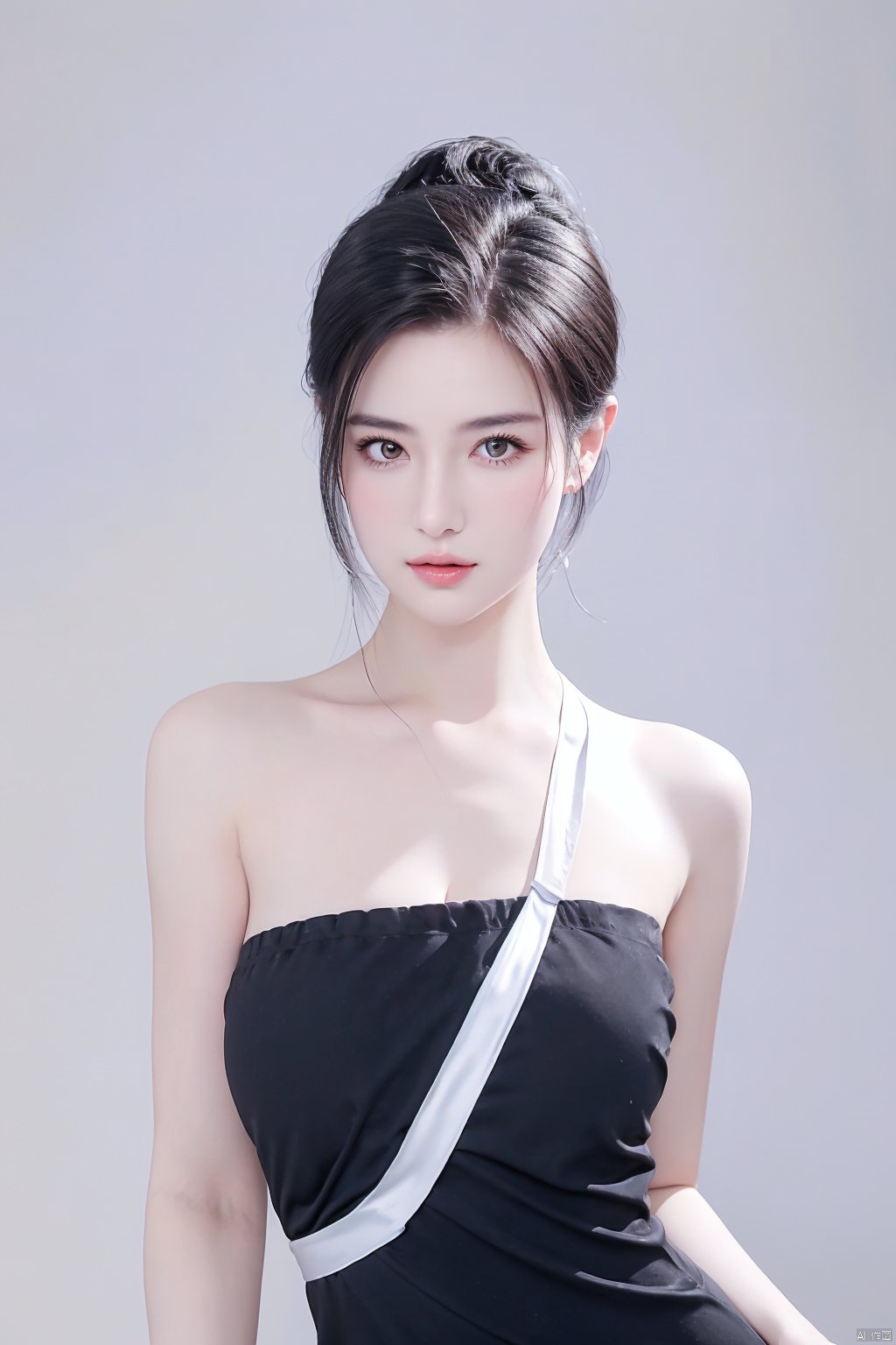 A girl,charming and elegant dress,fashionable and luxurious,with black eyes,advertising photography,white background,standing posture,upper body photo,advertising blockbuster photography,realistic,exquisite,high-definition,8K,perfect facial details,the best quality,