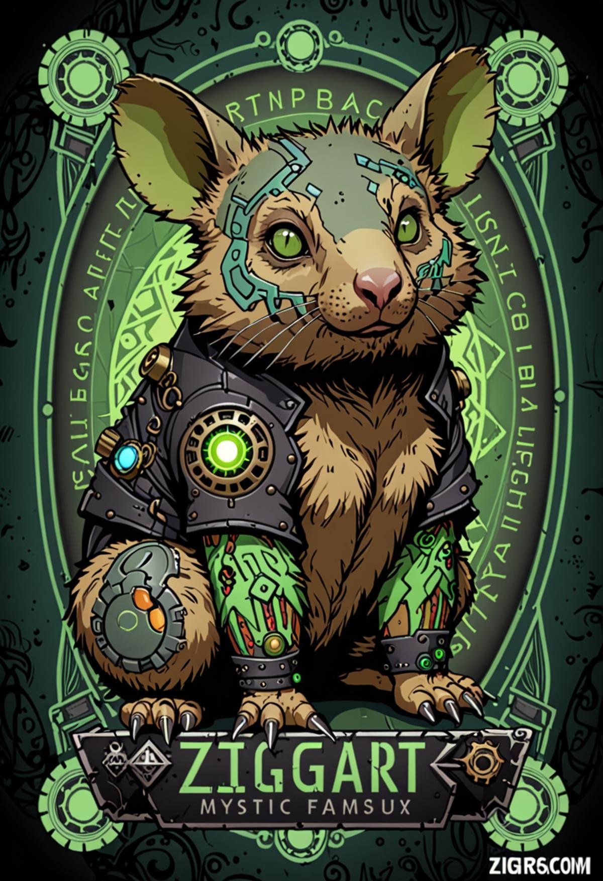 logo, vector, black, light green, multicolored, (TEXT: "ZIGGART"), mystic fantasy cyberpunk steampunk common wombat, detailed.