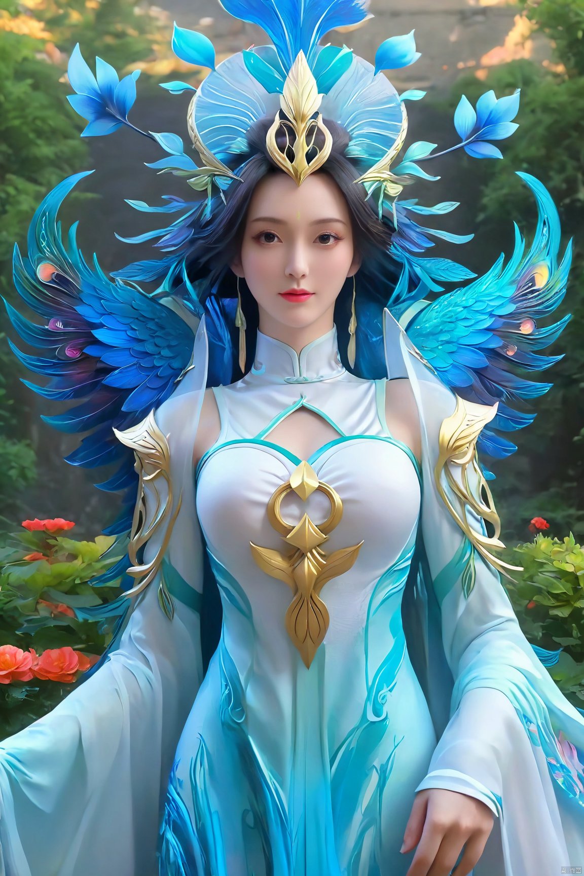  Best Quality, masterpiece, ultra-high resolution, (photo realistic: 1.4) , Surrealism, Fantastical verisimilitude, beautiful blue-skinned goddess Phoenix Peacock on her head, fantastical creation, thriller color scheme, surrealism, abstract, psychedelic, 1 girl,flower,castle,jyy-hd,1 girl,(big breasts:1.39),,Xliushen,Xyunxi,Xhuolinger,X-Hydrangea,Hydrangea, ty-hd