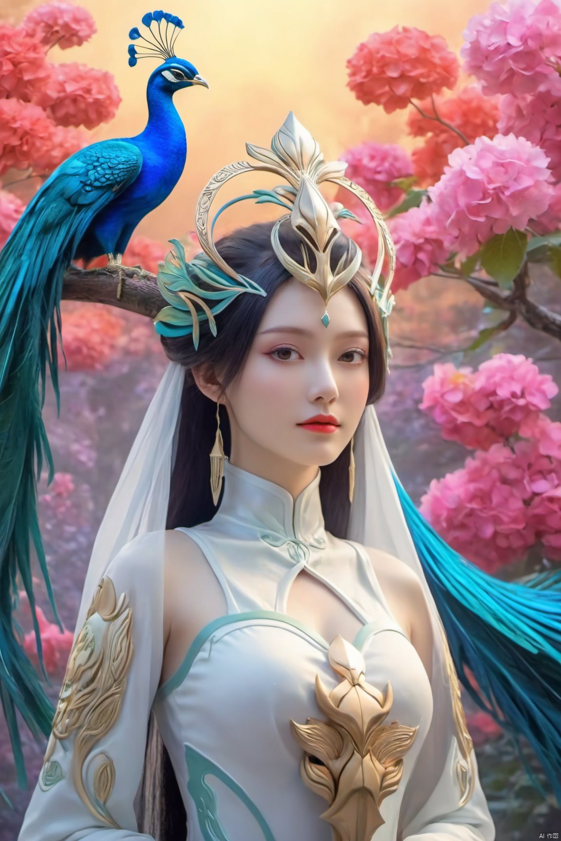  Best Quality, masterpiece, ultra-high resolution, (photo realistic: 1.4) , Surrealism, Fantastical verisimilitude, beautiful blue-skinned goddess Phoenix Peacock on her head, fantastical creation, thriller color scheme, surrealism, abstract, psychedelic, 1 girl,flower,castle,jyy-hd,1 girl,(big breasts:1.39),,Xliushen,Xyunxi,Xhuolinger,X-Hydrangea,Hydrangea, ty-hd