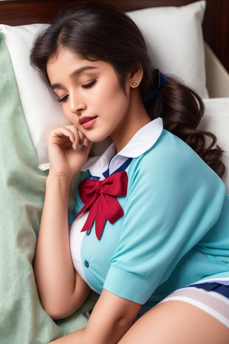 bedroom,16 yo,beautiful girl,high school student,long ponytail,curly hair,dark brown hair,wearing school uniform, long socks, she is lying on her side and asleep in bed,Best Quality, 32k, photorealistic, ultra-detailed, finely detailed, high resolution, perfect dynamic composition, beautiful detailed eyes, sharp-focus, cowboy shot,top view shot,anikha