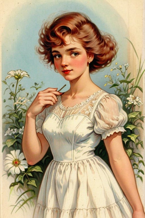 Woman with red hair and white dress, vintage cartoon