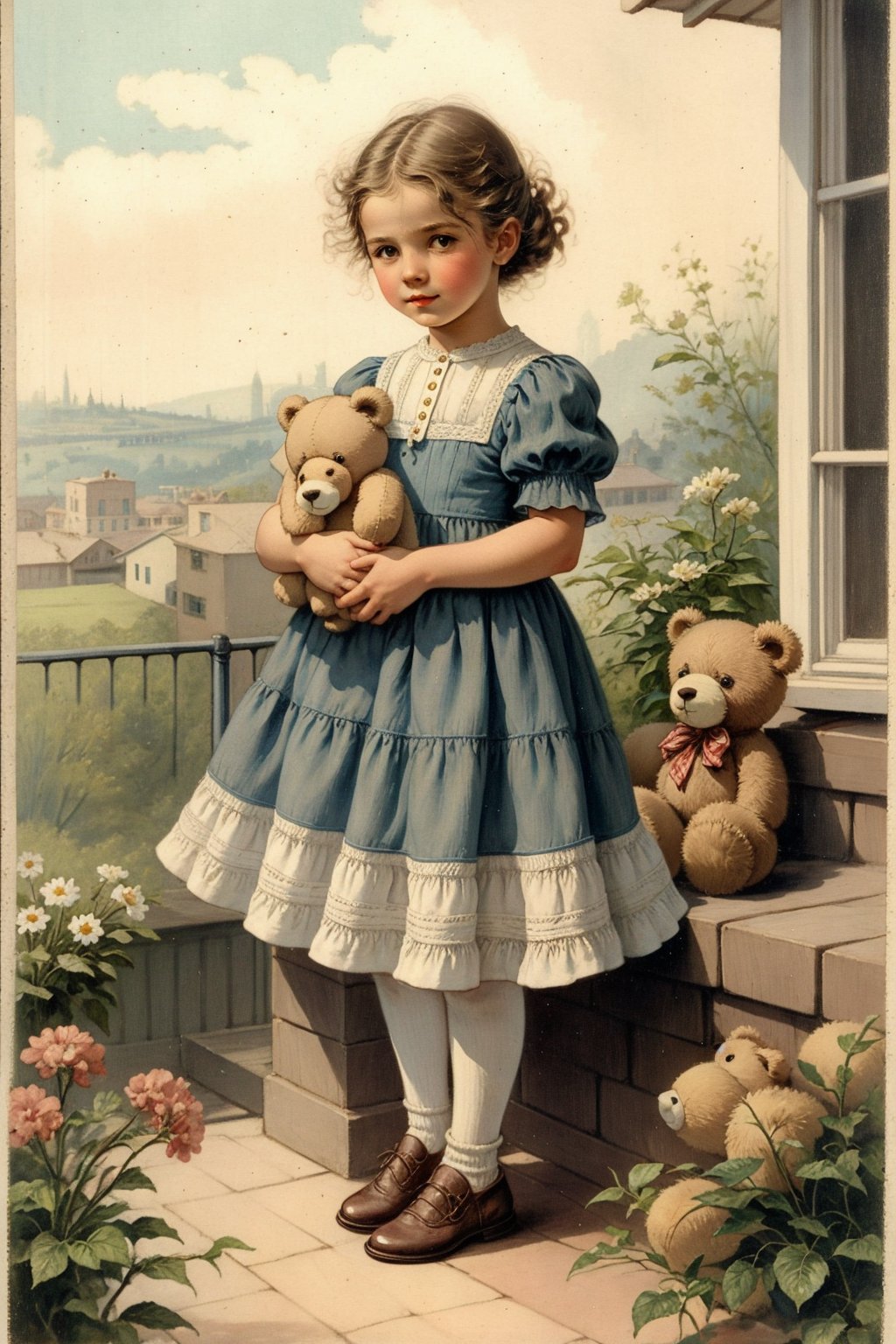 Little girl with blue dress, holding teddy bear, Standing on the terrace of the house, old vintage cartoon