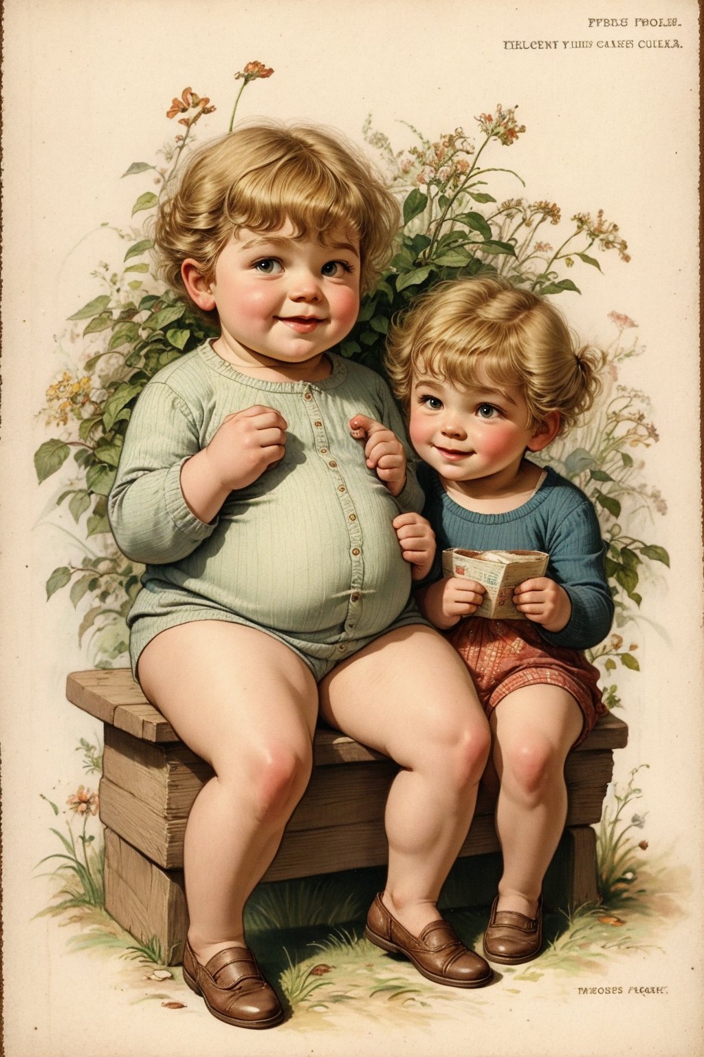 Chubby kids with blonde hair, old vintage cartoon